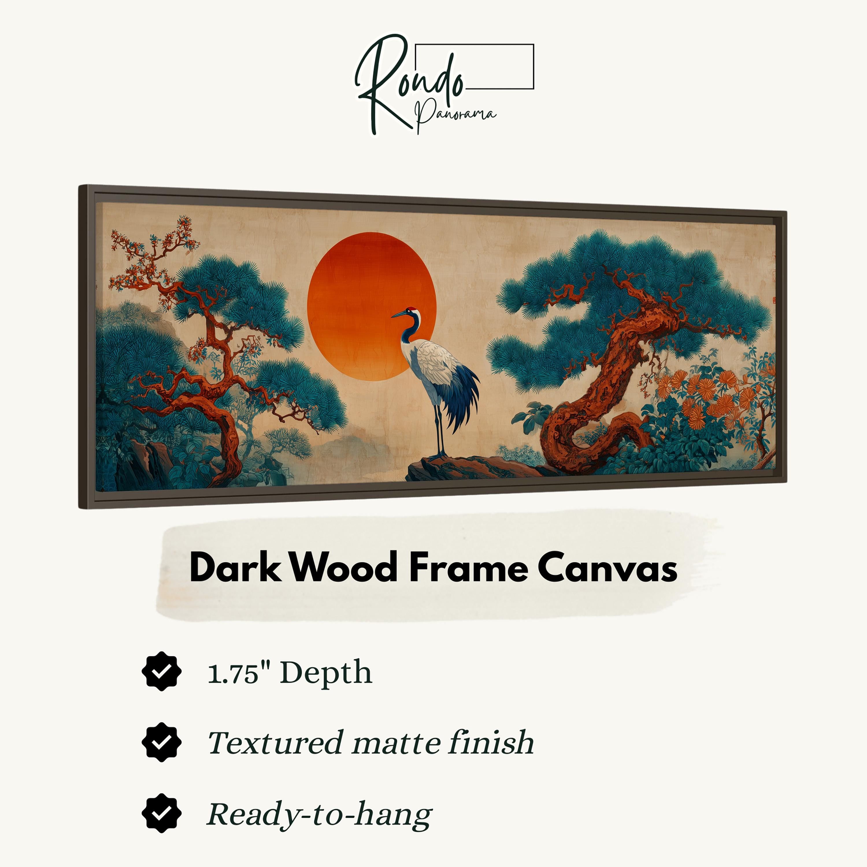 The image is a framed artwork depicting a crane standing on a rock with a tree in the background, set against a landscape with a large orange sun.
