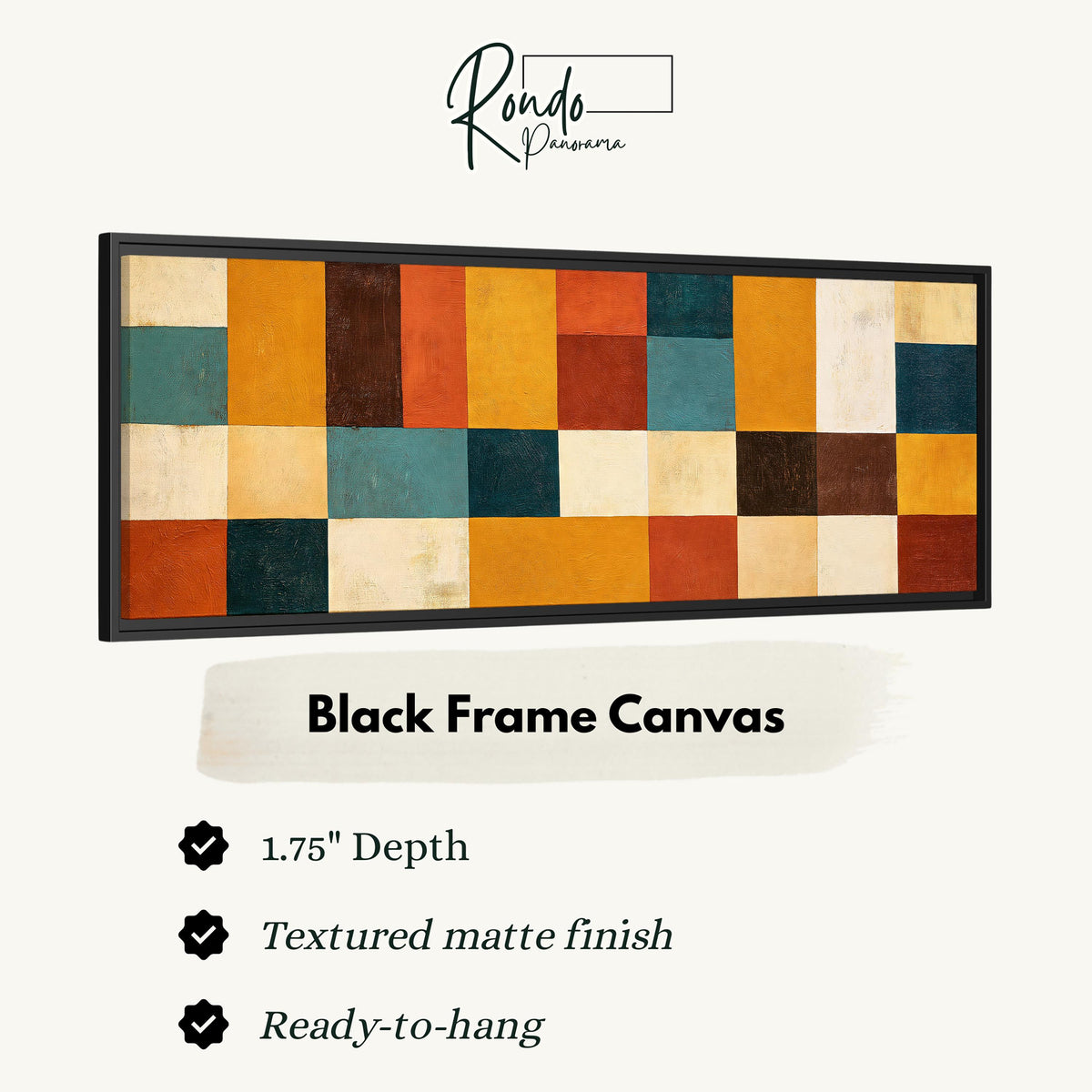Ochre, rust and teal patchwork blocks canvas print in a black floating frame