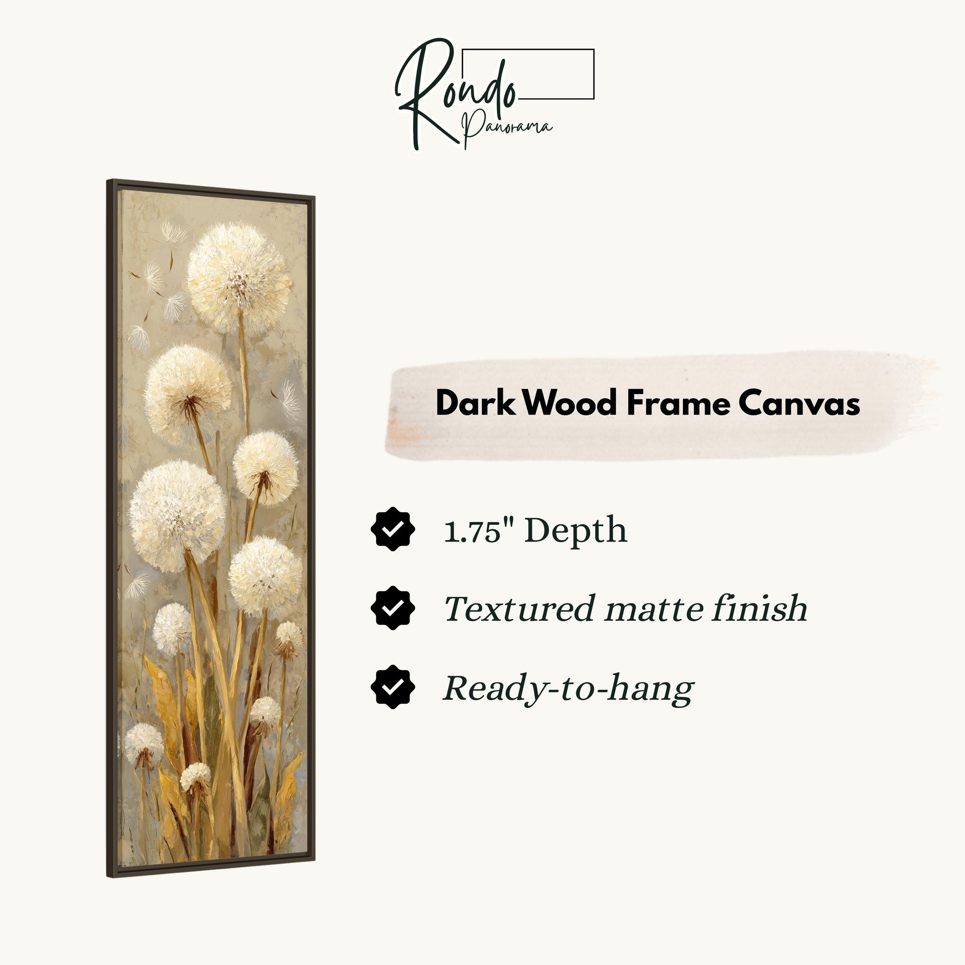 The image is a rectangular dark wood frame canvas featuring a painting of dandelions.