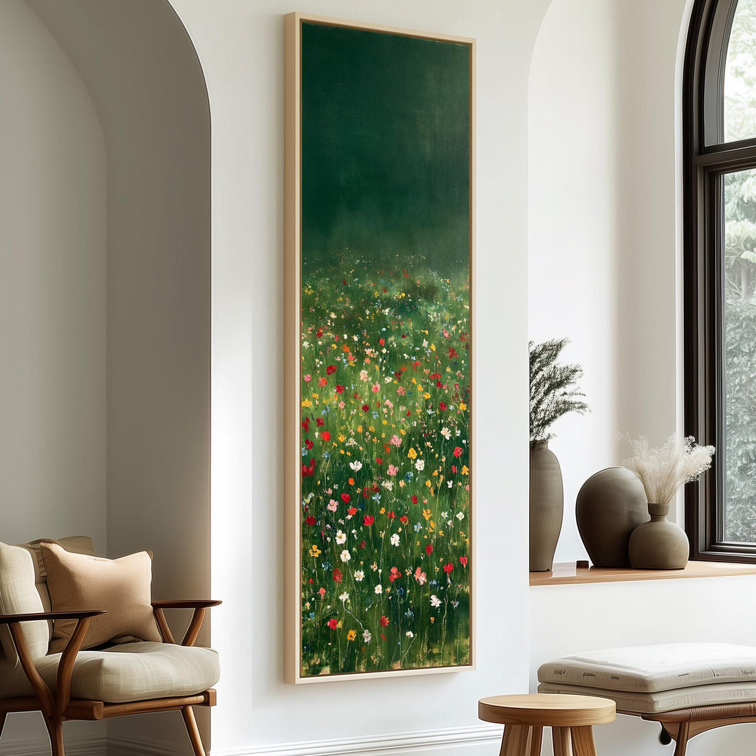Wildflower meadow under a dark green sky long vertical canvas print in a sunlit living space