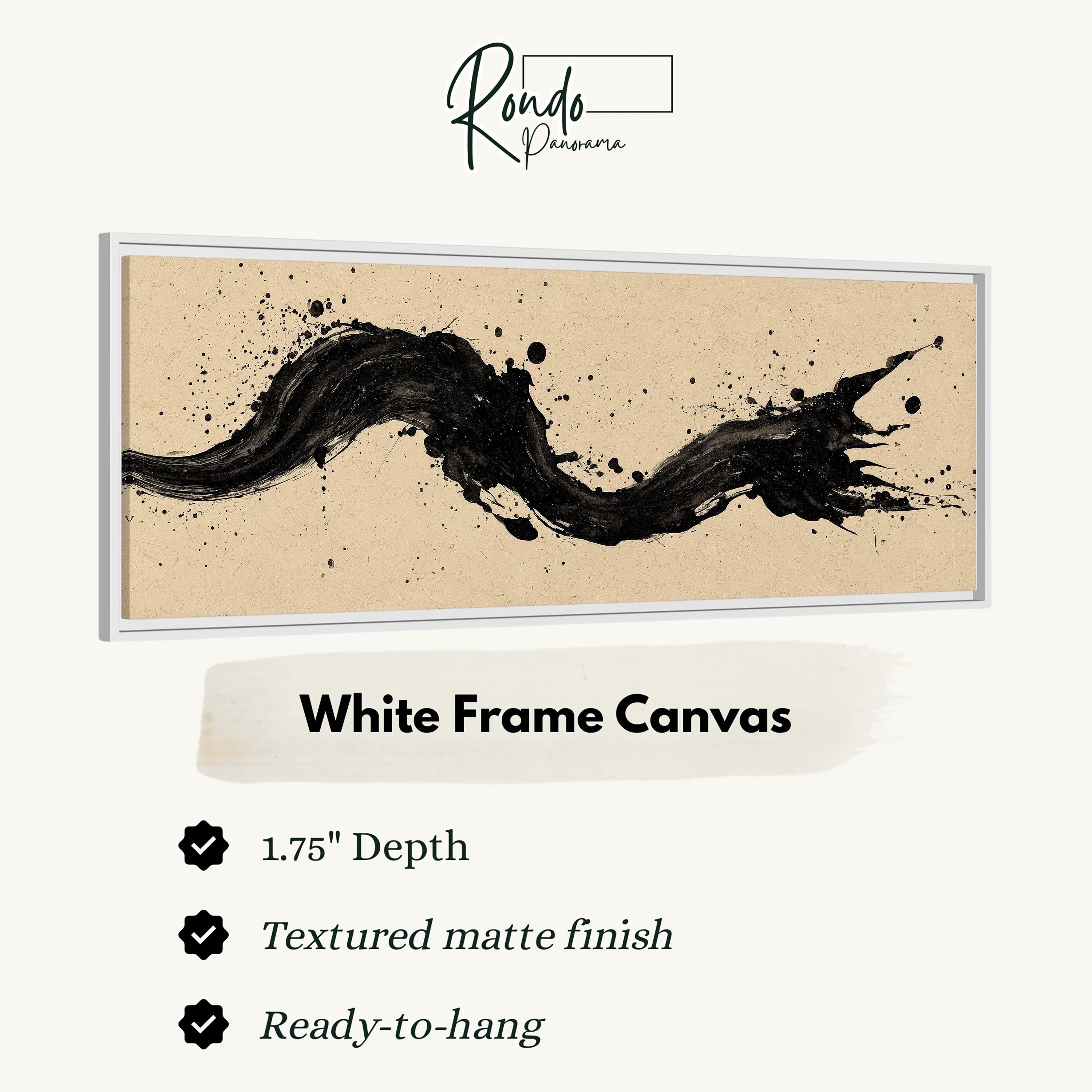 a white frame canvas with a black abstract design, including splashes of color and a wave-like shape.