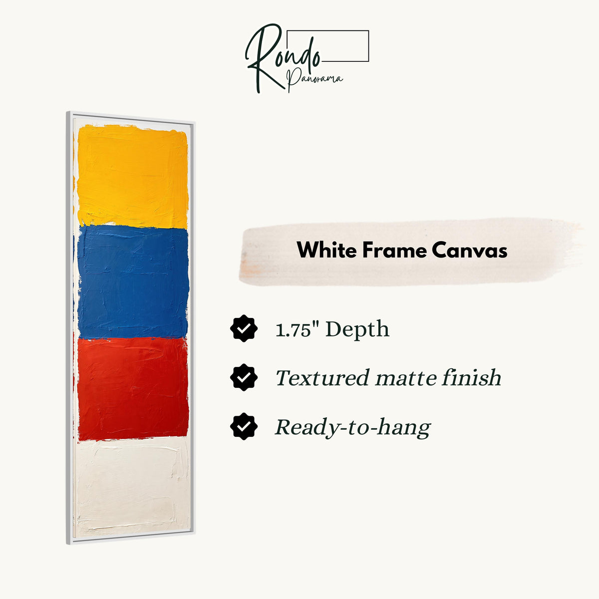 Color field blocks in yellow, blue and red canvas print in a white floating frame