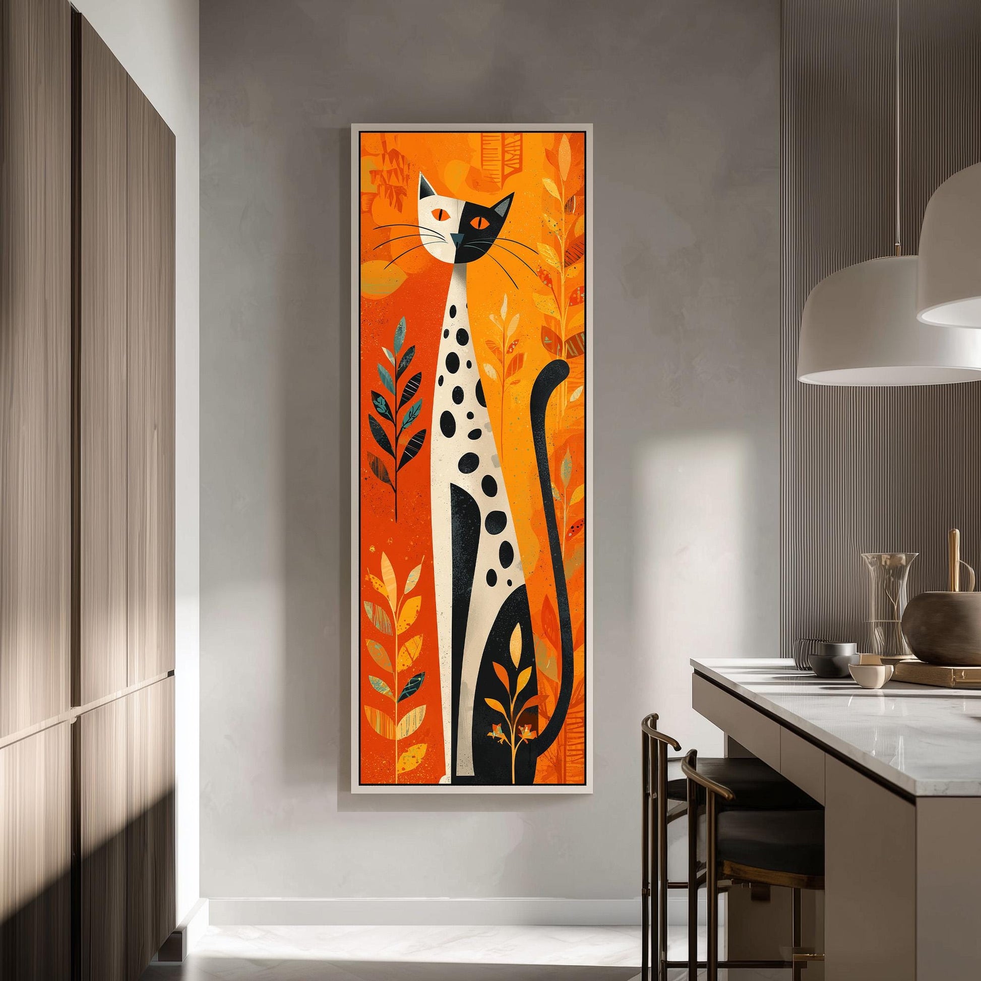 a large, colorful painting of a cat with a predominantly orange and black color scheme, surrounded by various decorative elements such as leaves and flowers. The painting is displayed on a wall in a room with a kitchen counter and chairs visible in the background.