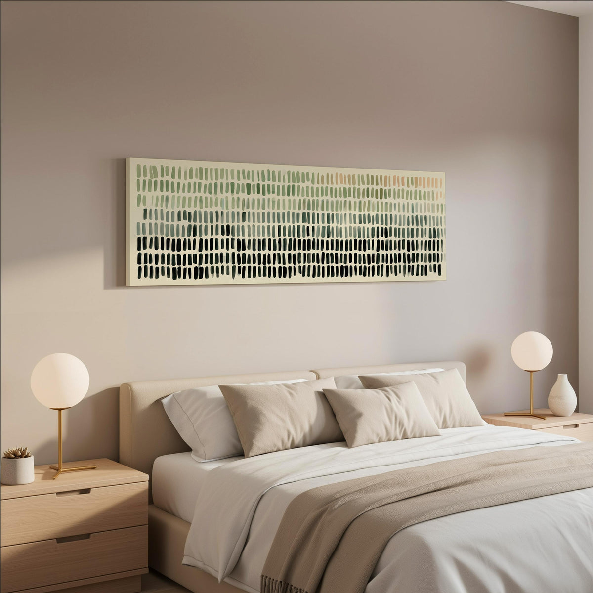 Brushmark dashes fading from sage to charcoal wide panoramic canvas print above a bed in a neutral bedroom