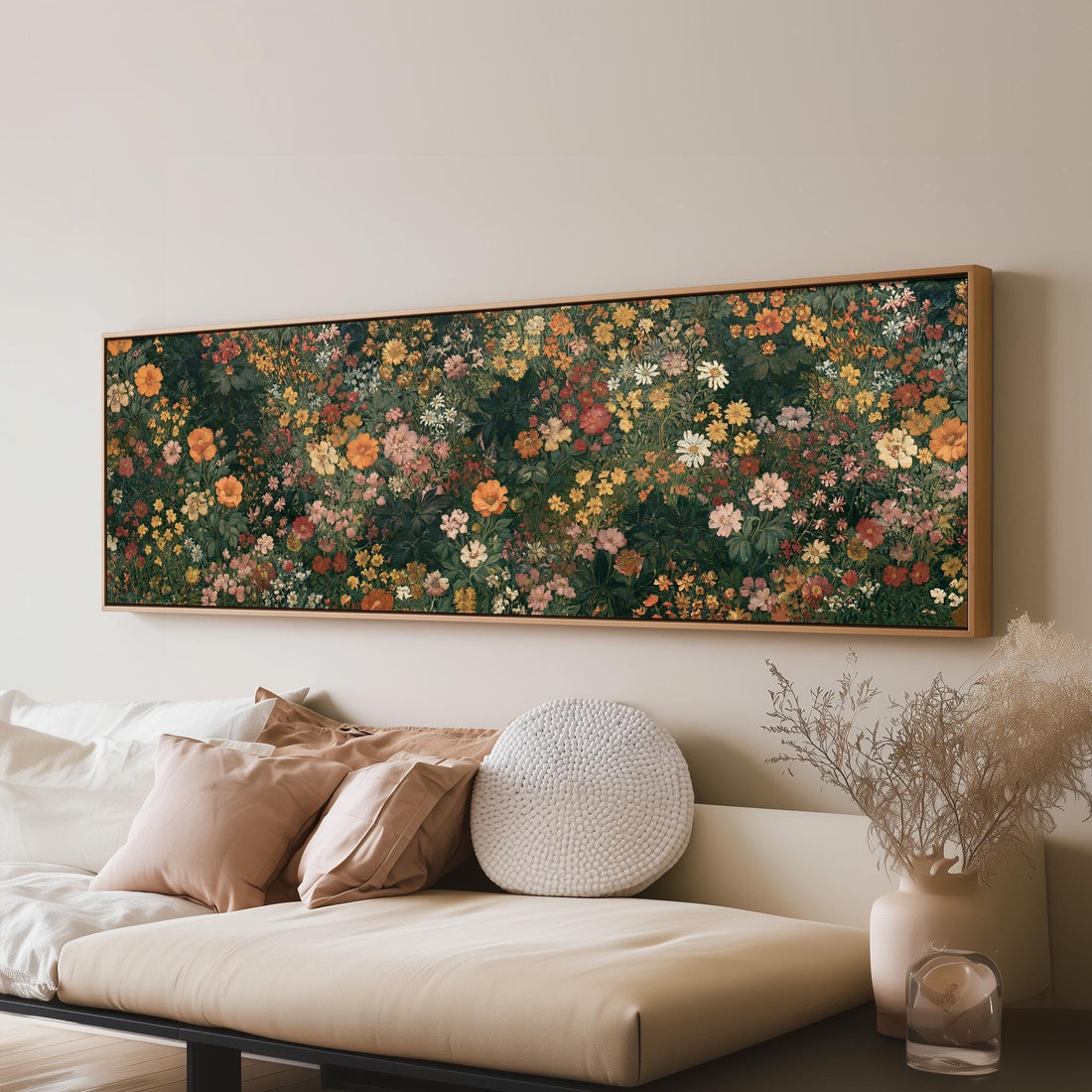 Dense wildflower tapestry pattern long horizontal canvas print above a sofa in a living room