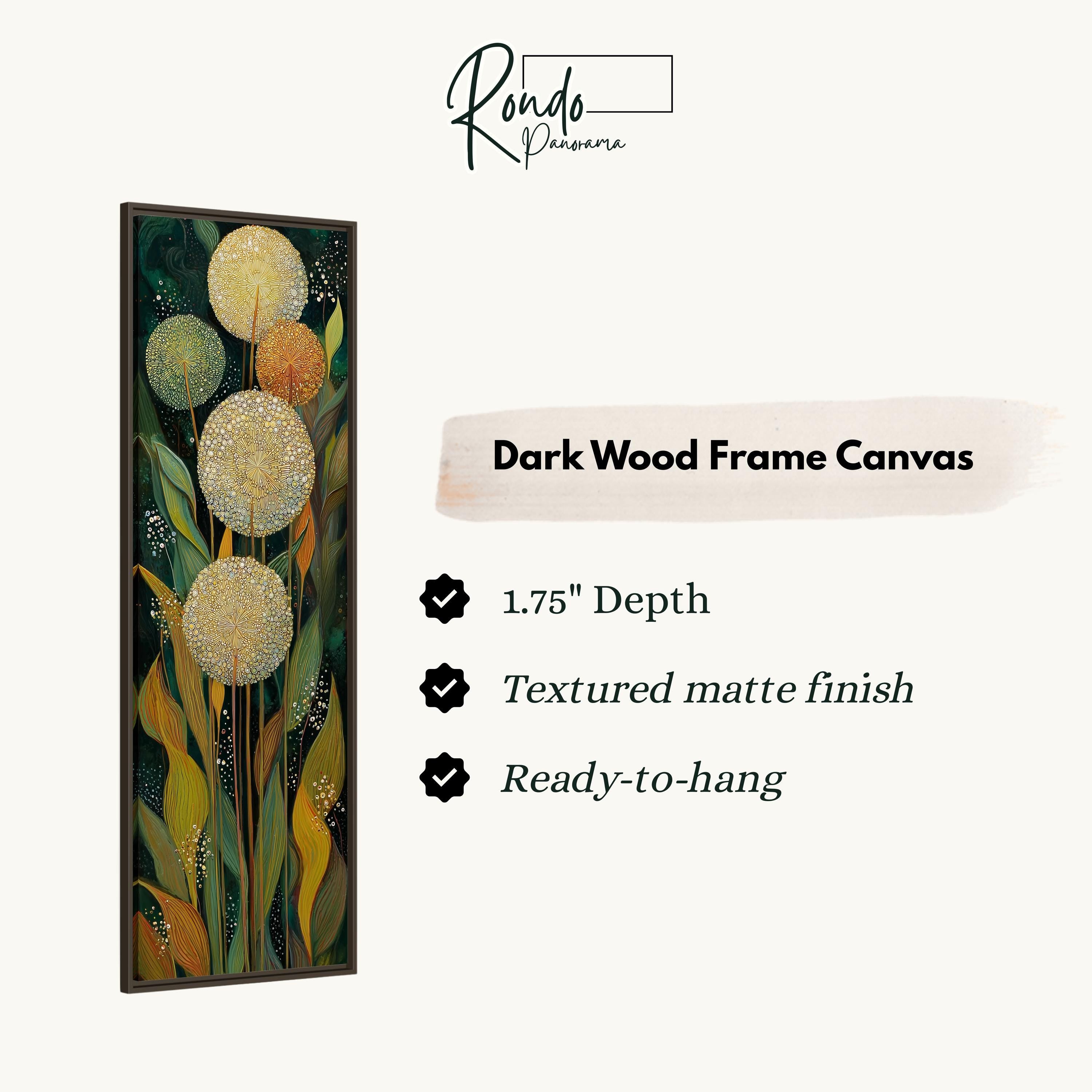 The image is a rectangular dark wood frame canvas with a painting of flowers and leaves on it. The canvas has a 1.75" depth and is textured with a matte finish, making it ready to hang.
