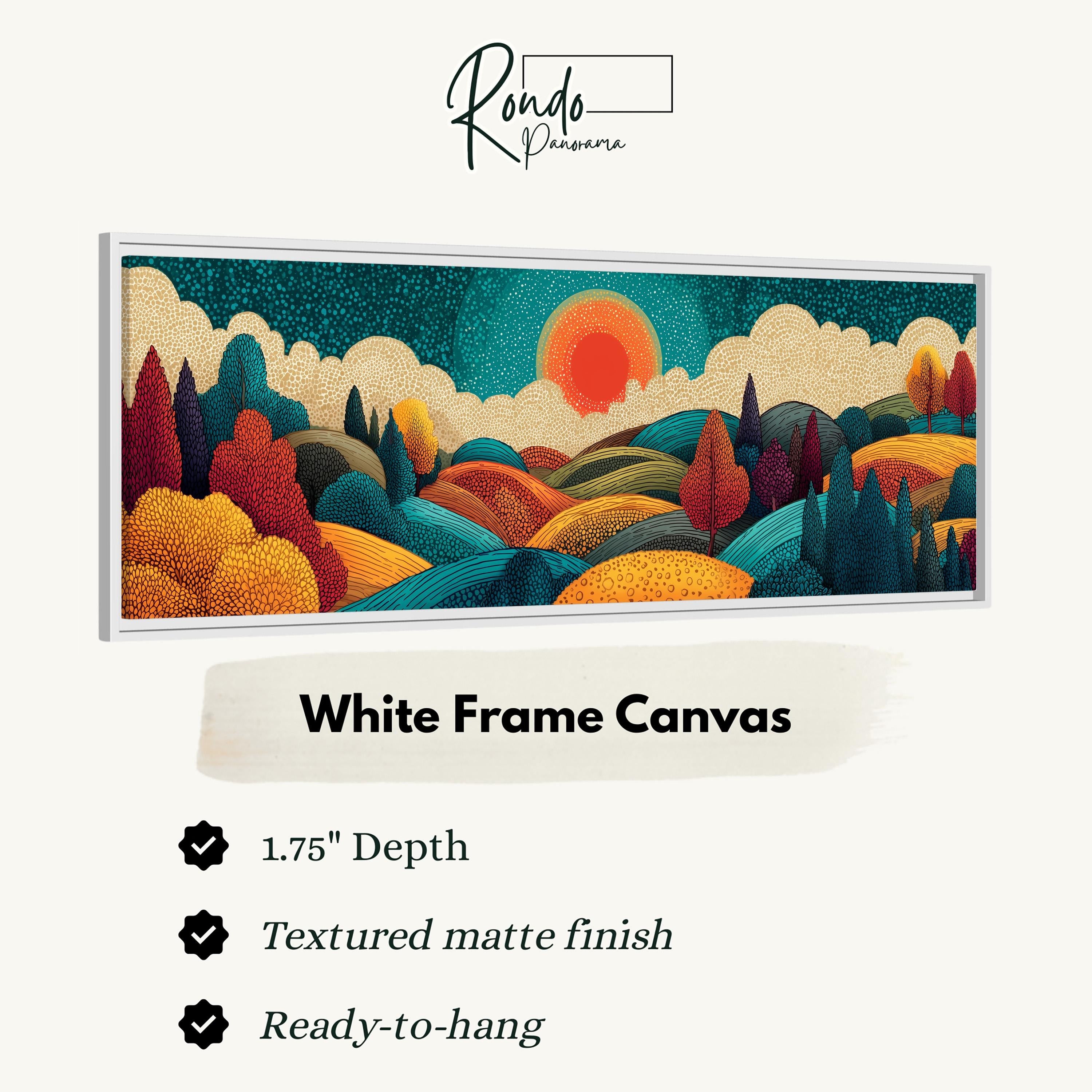 The image is a white frame canvas depicting a landscape with mountains, trees, and a sunset.