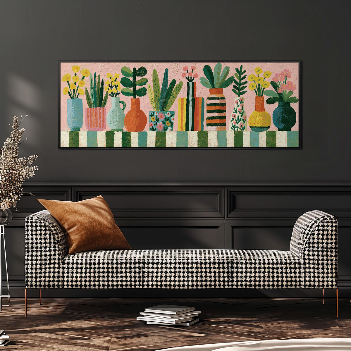 Row of boho potted plants wide panoramic canvas print above a bench in a dark living room