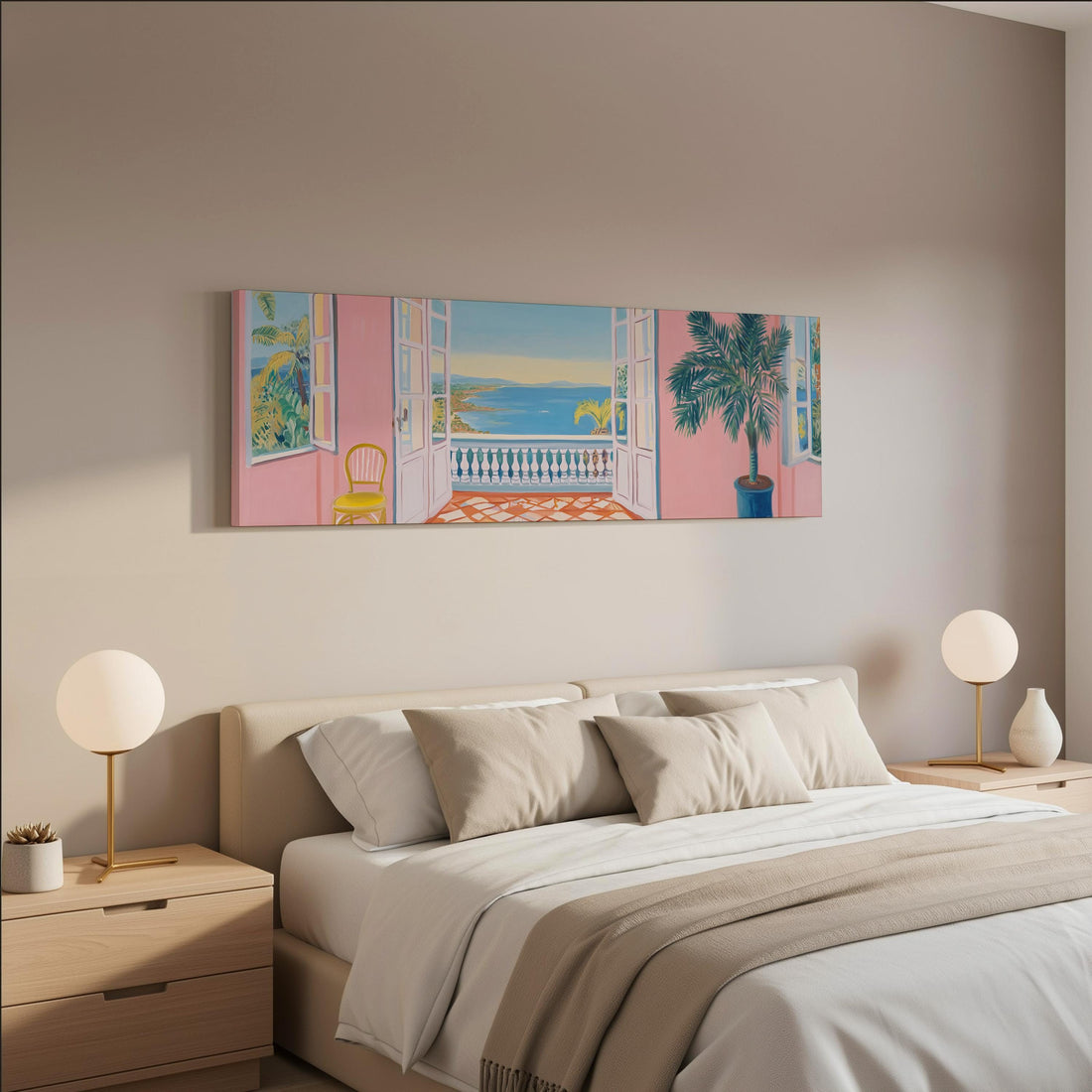 a large, colorful painting of a balcony overlooking the ocean, with a palm tree and a pink wall in the background. The painting is hung on a wall above a brown sofa, creating a cozy and inviting atmosphere in the room.