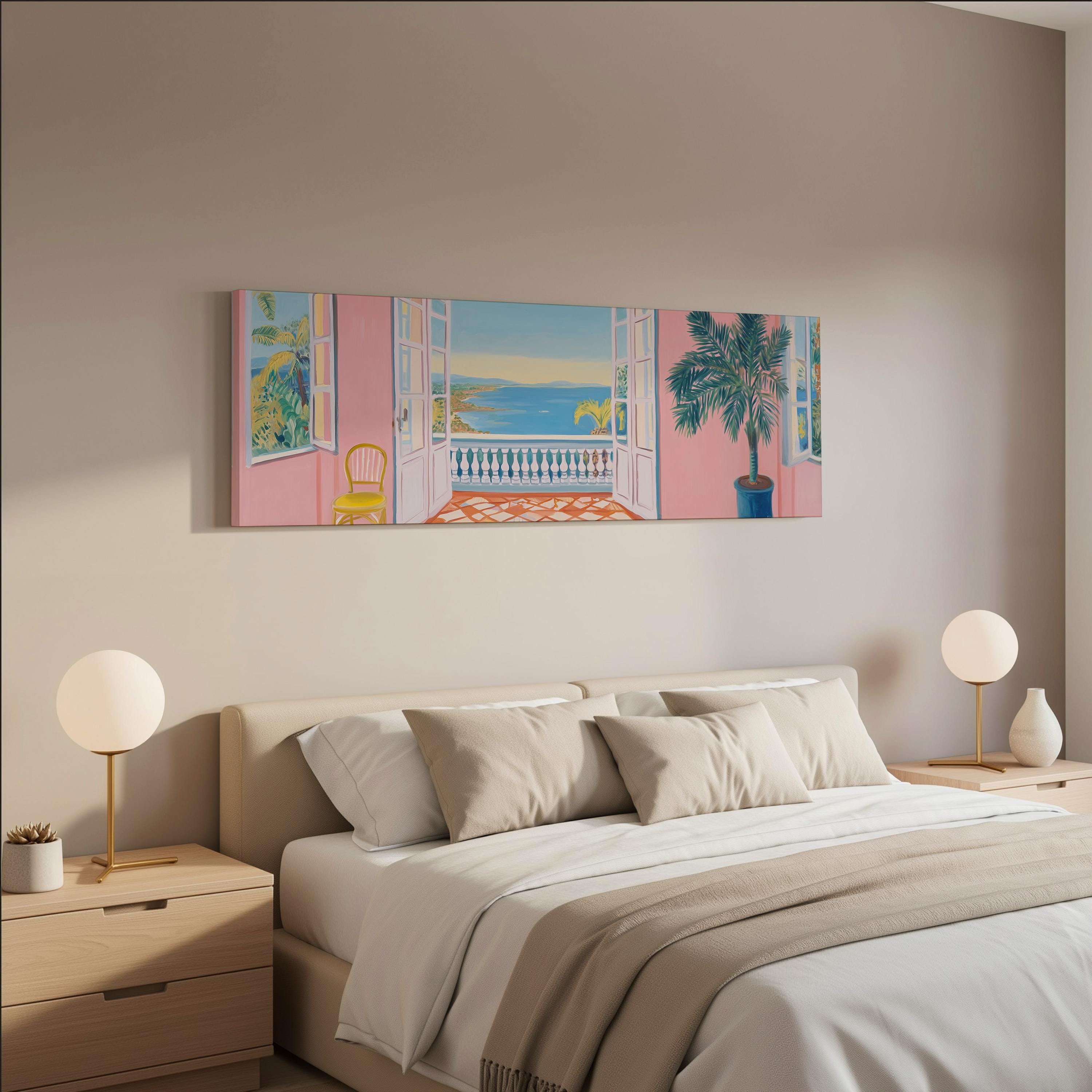 a serene bedroom scene with a large bed, two nightstands with lamps, and a painting of a balcony overlooking the ocean.