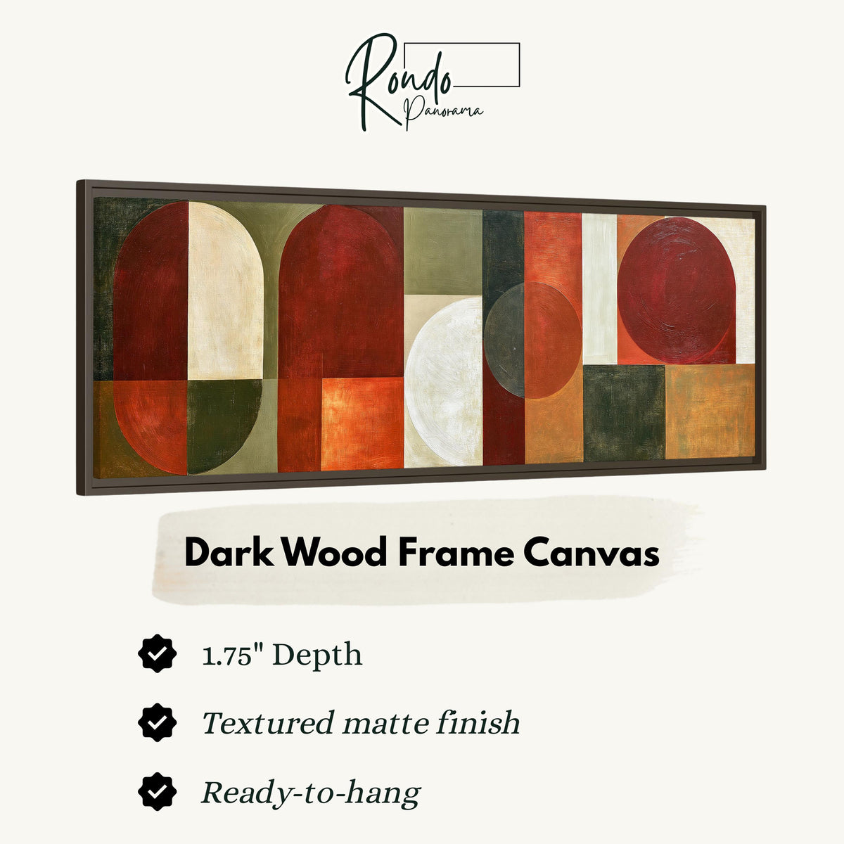 Maroon and olive geometric arches canvas print in a dark wood floating frame