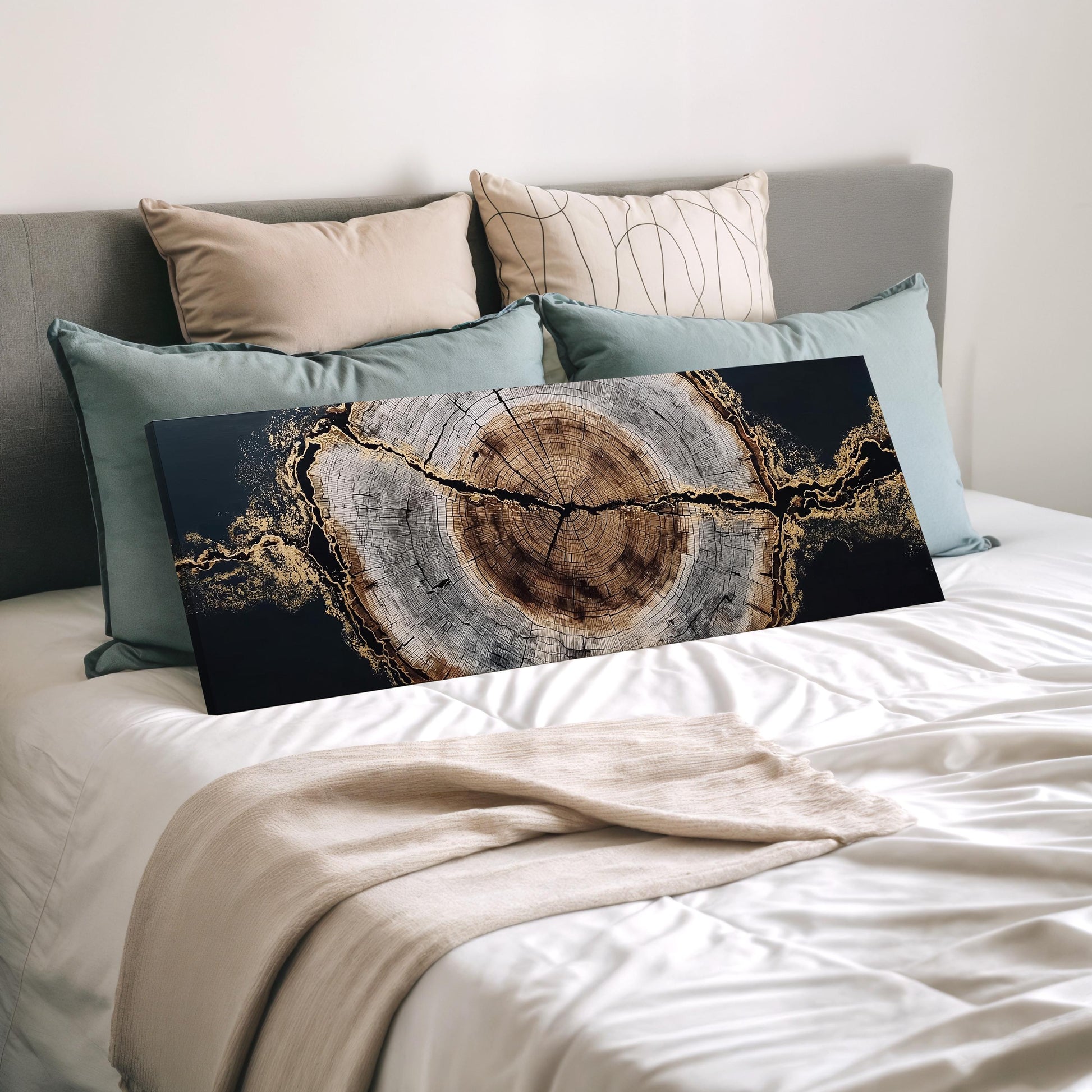 a bedroom with a bed covered in white sheets and a large black and gold artwork displayed on the bed.