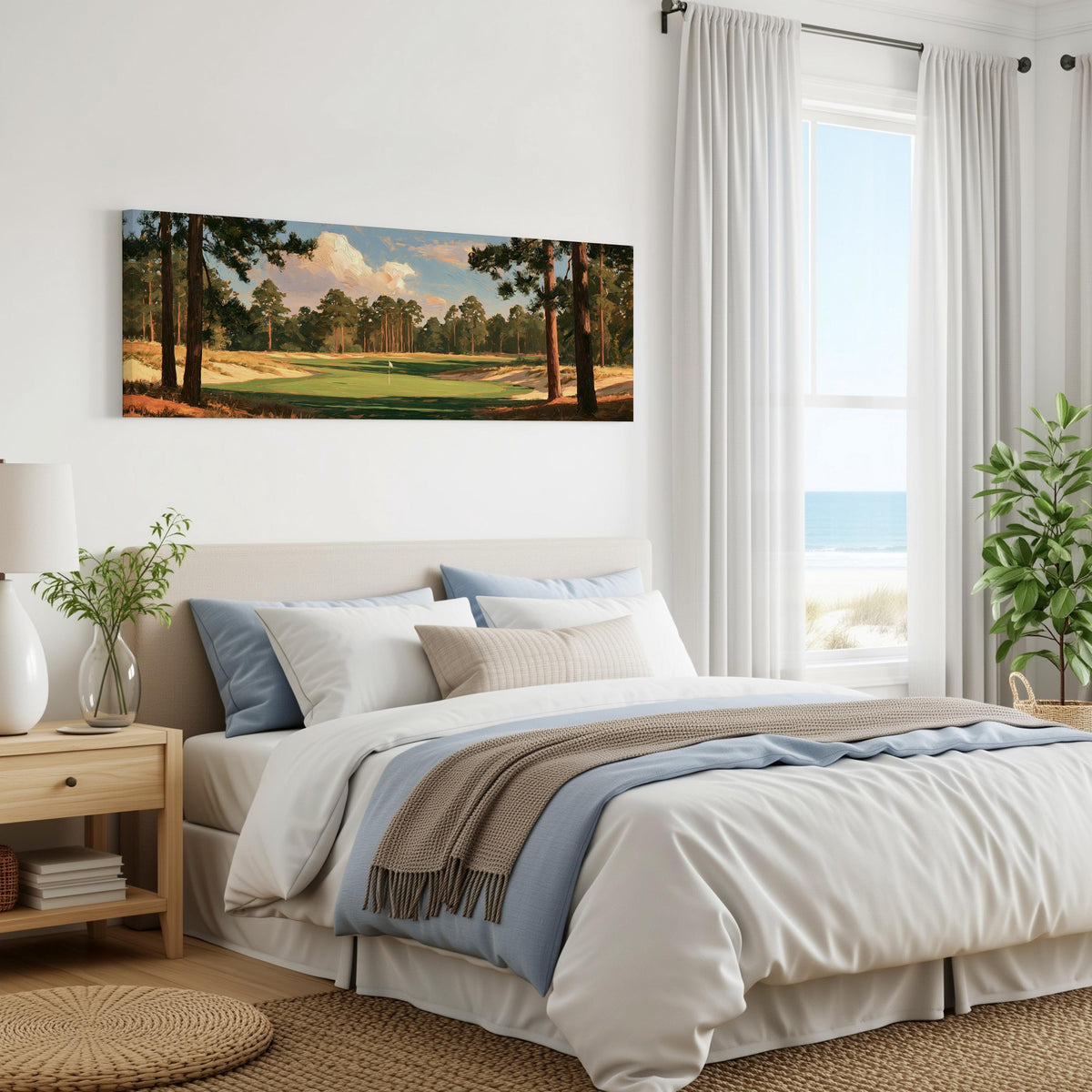 Golf fairway lined with tall pines panoramic canvas print above a bed in a coastal bedroom