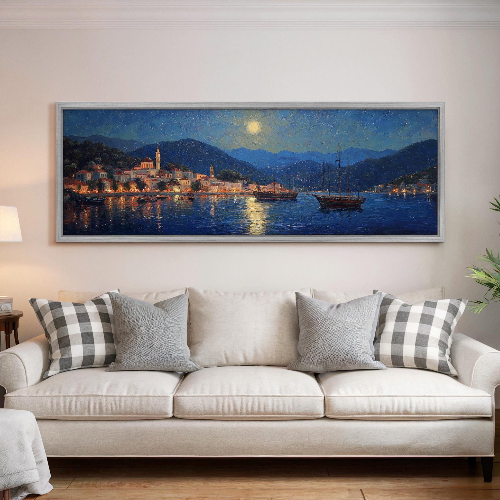 a large painting of a serene coastal town at night, with a boat sailing on the water and the town illuminated by the moonlight.
