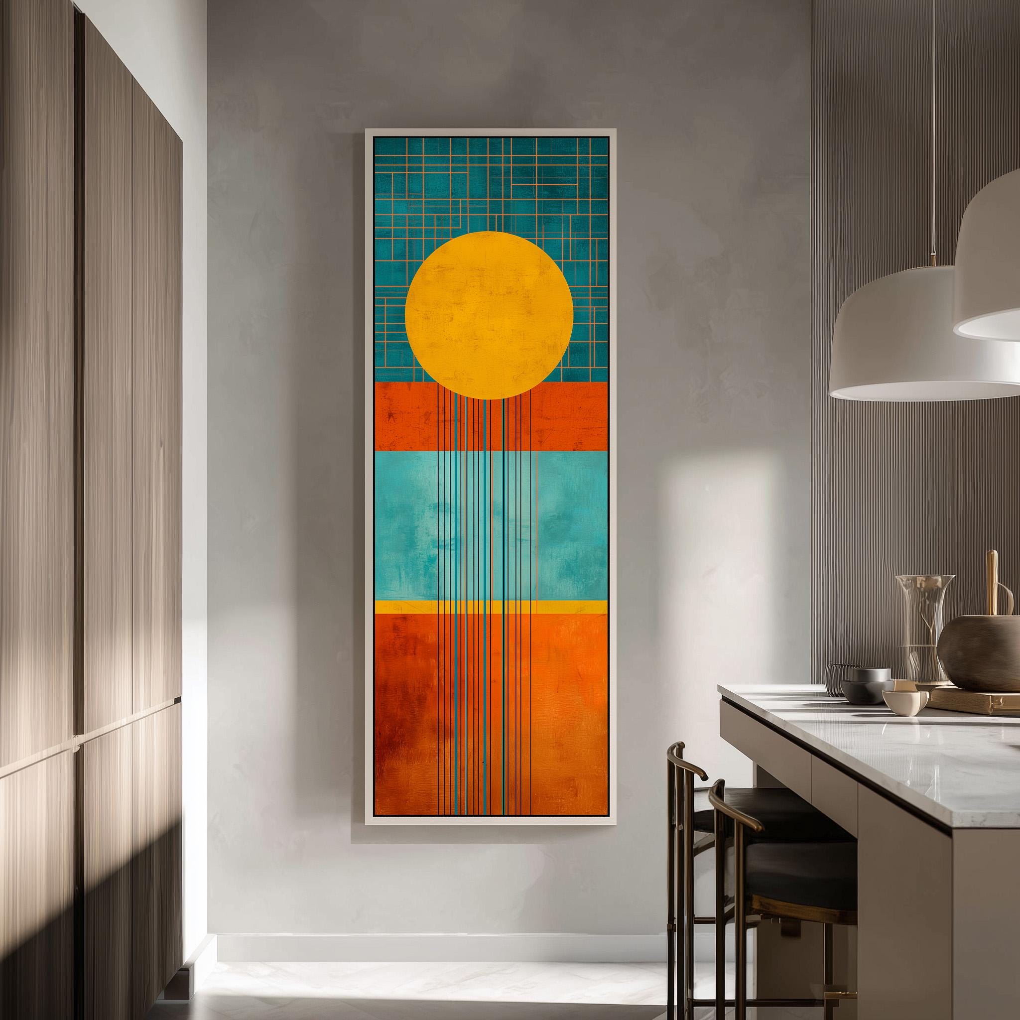 a modern kitchen with a large abstract painting hanging on the wall. The painting has a vibrant color scheme of orange, blue, and yellow, with a large yellow circle in the center. The kitchen is equipped with a white countertop and a barstool, and there is a vase on the countertop.
