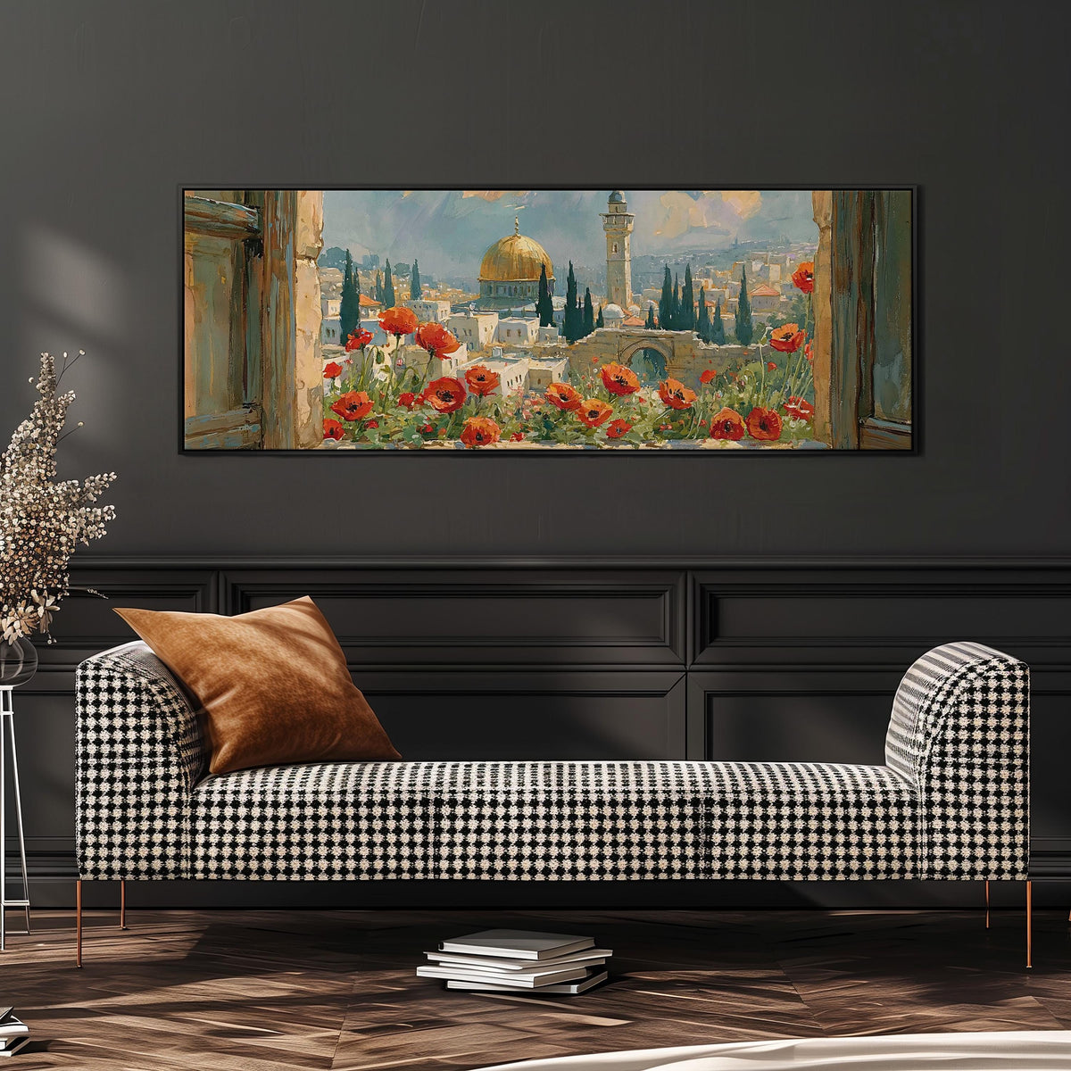 Jerusalem skyline through a window with poppies wide panoramic canvas print above a bench in a dark living room