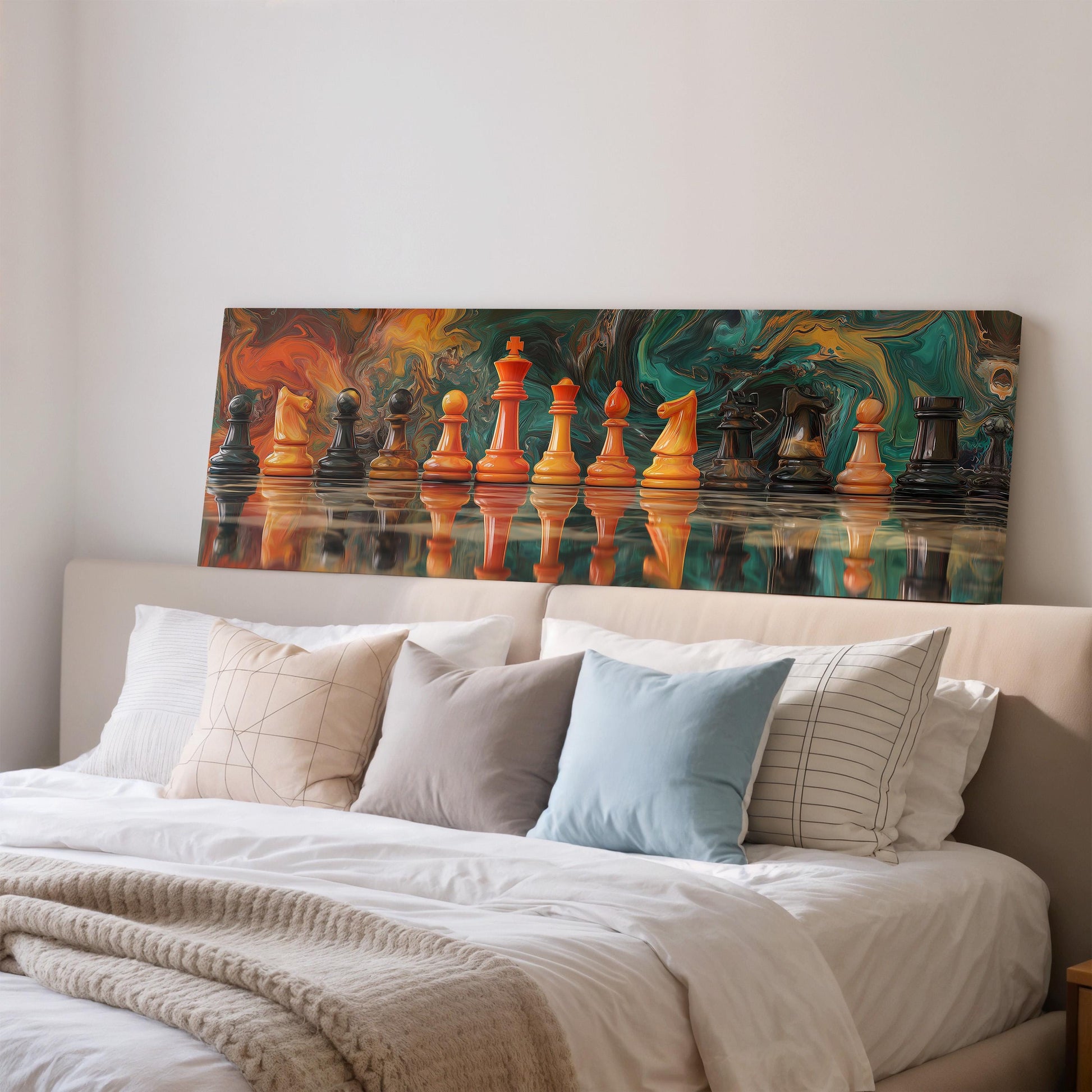 a large painting of chess pieces on a wall above a bed with white bedding and pillows.