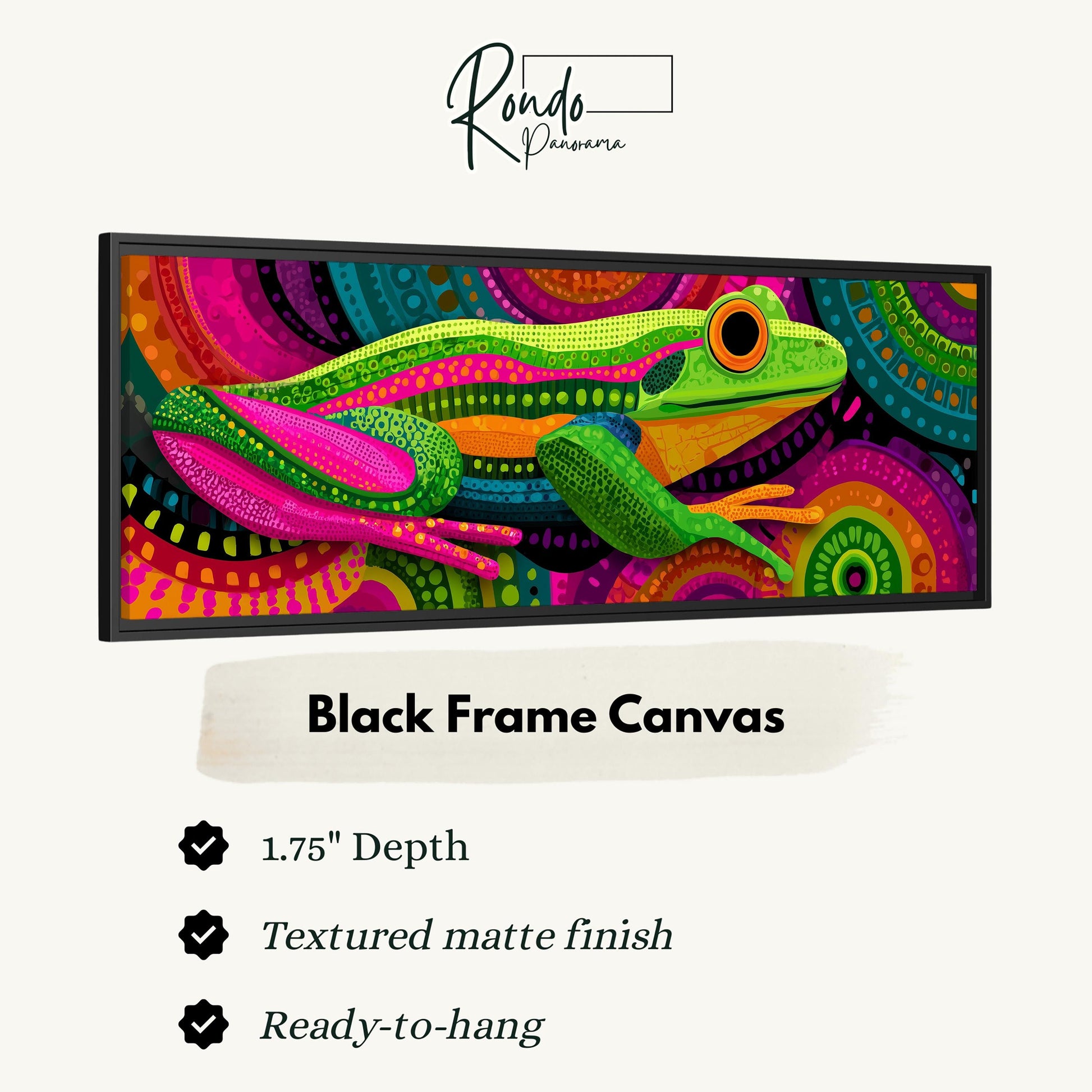 A vibrant, colorful painting of a frog in a black frame, with a text box providing details about the artwork.