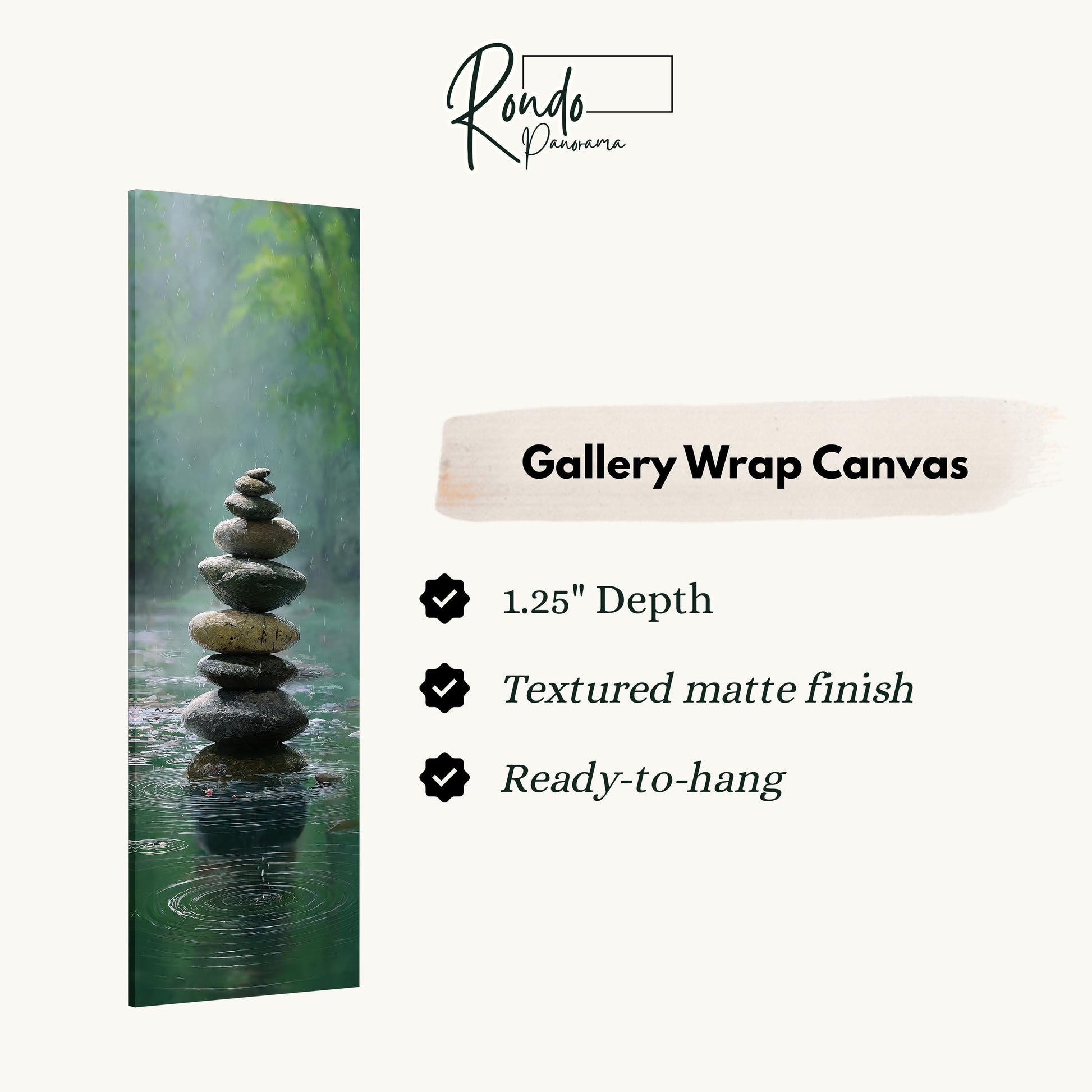 The image is a gallery wrap canvas featuring a stack of stones on a body of water, with a text overlay providing details about the artwork.