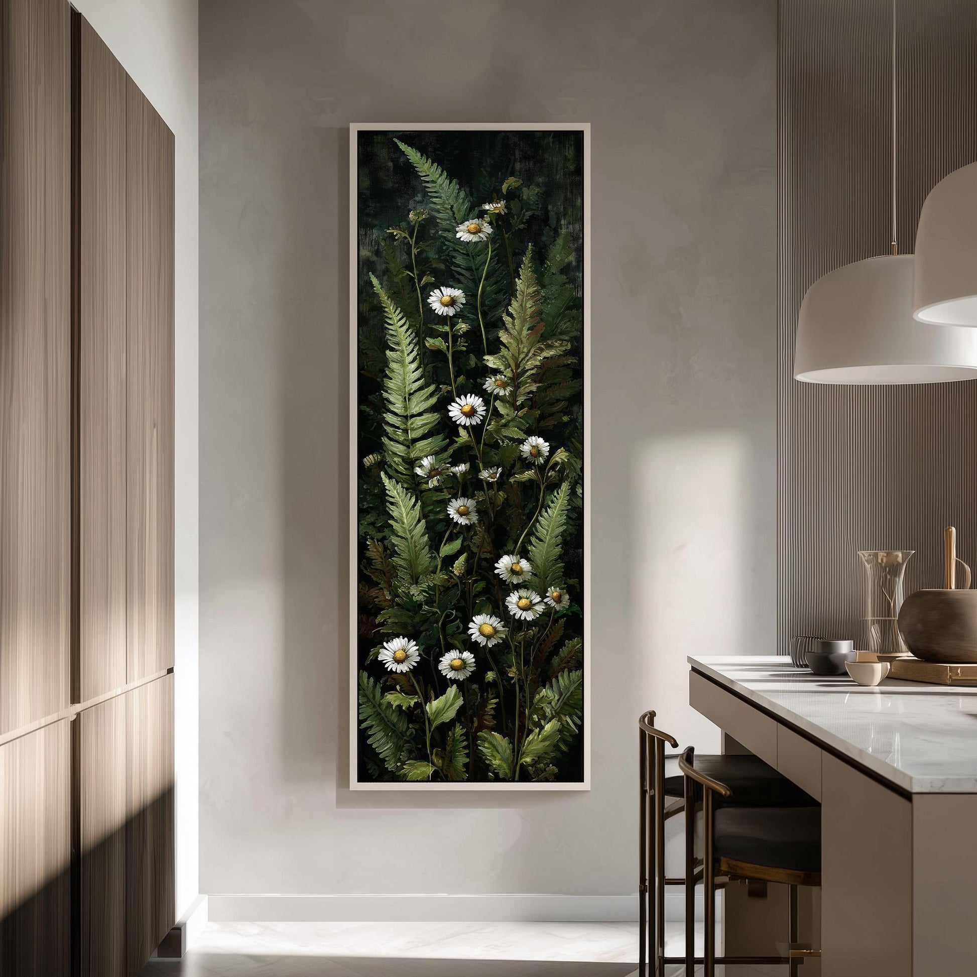 a large framed painting of white flowers and green ferns hanging on a wall in a modern kitchen.