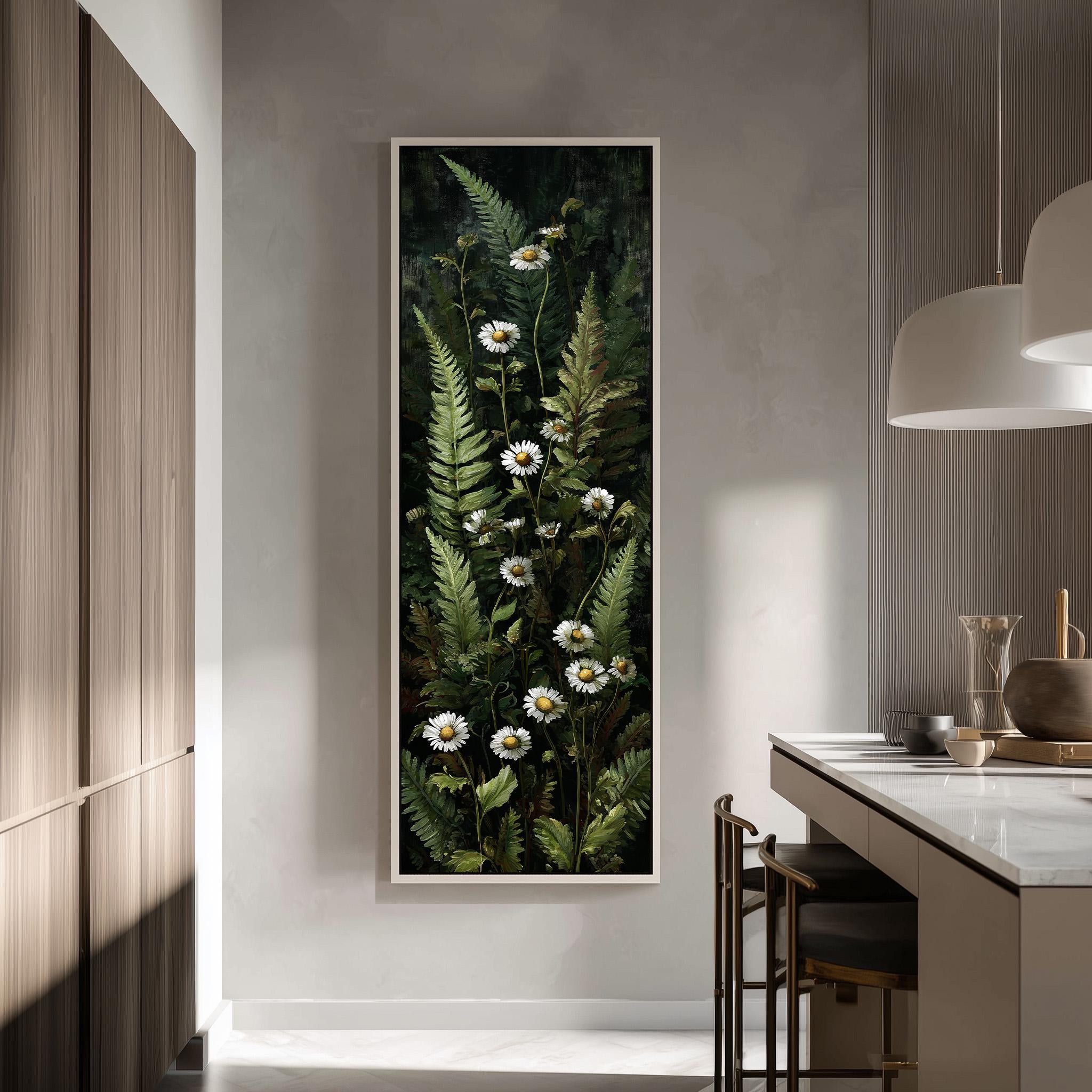 a large framed painting of white flowers and green ferns hanging on a wall in a modern kitchen.