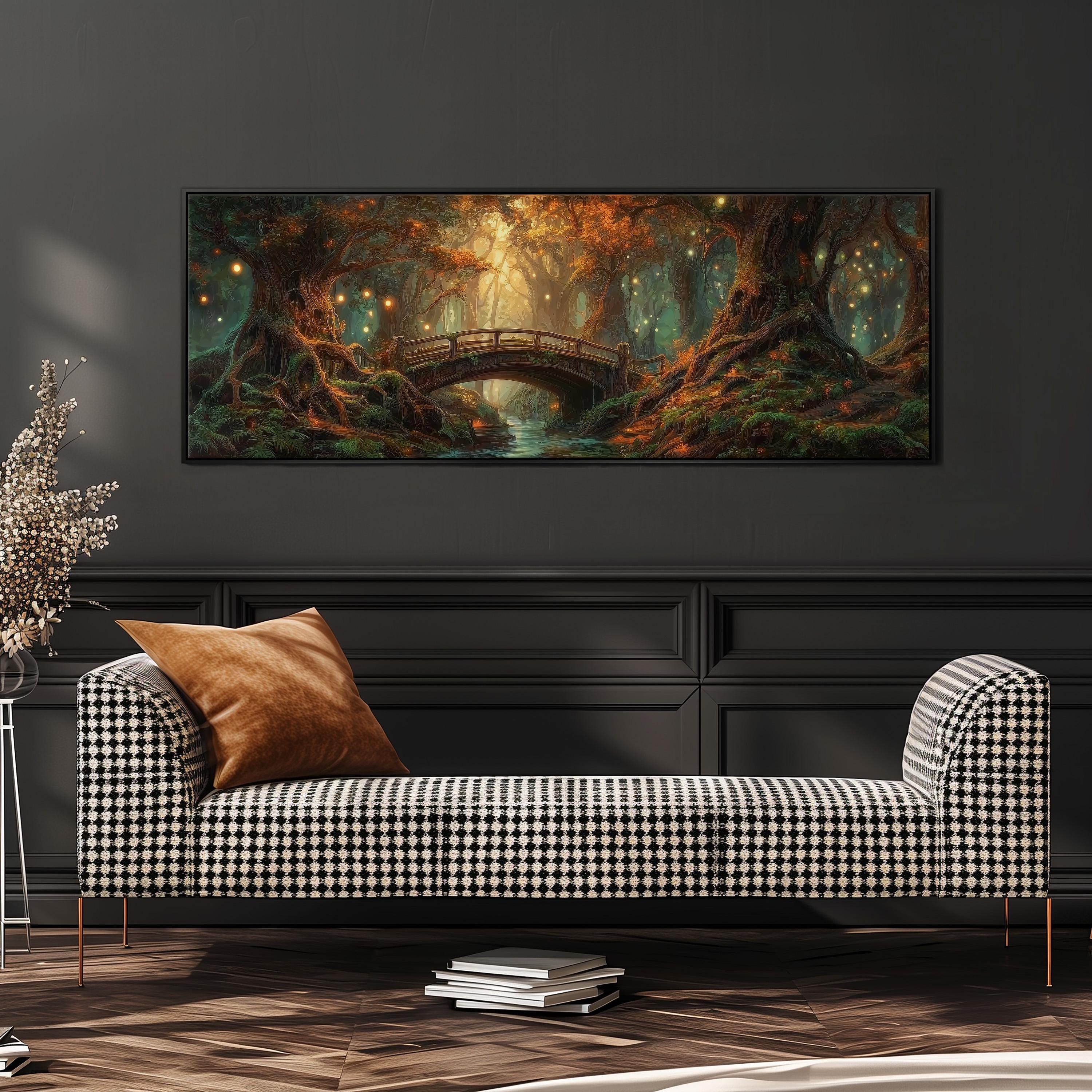 a large, colorful painting of a forest scene with a bridge in the background, hanging on a wall above a black and white checkered sofa.