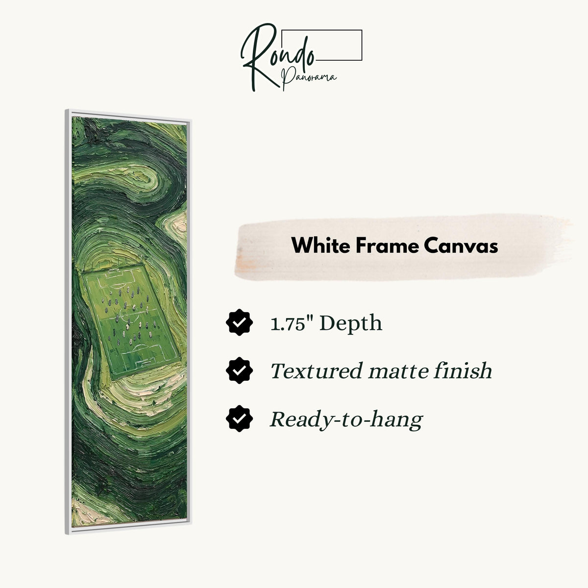 Aerial soccer field surrounded by swirling green canvas print in a white floating frame