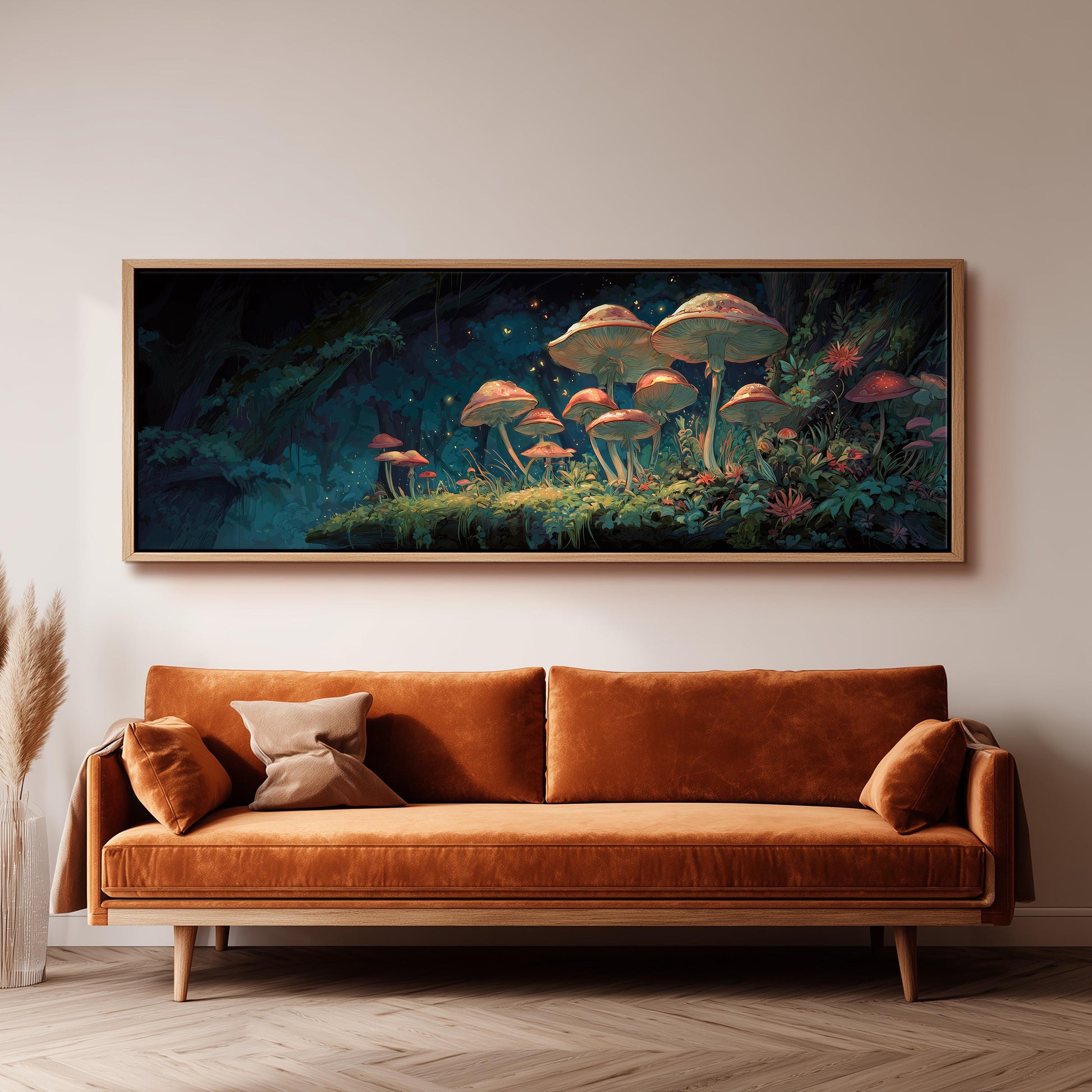 a large, framed painting of mushrooms and plants hanging on a wall above a brown sofa.