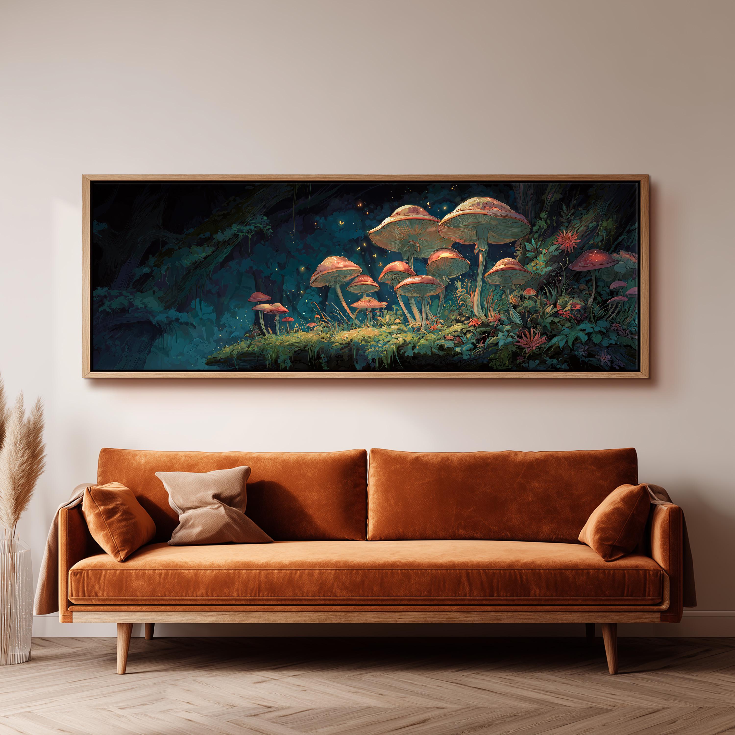 a large, framed painting of mushrooms and plants hanging on a wall above a brown sofa.