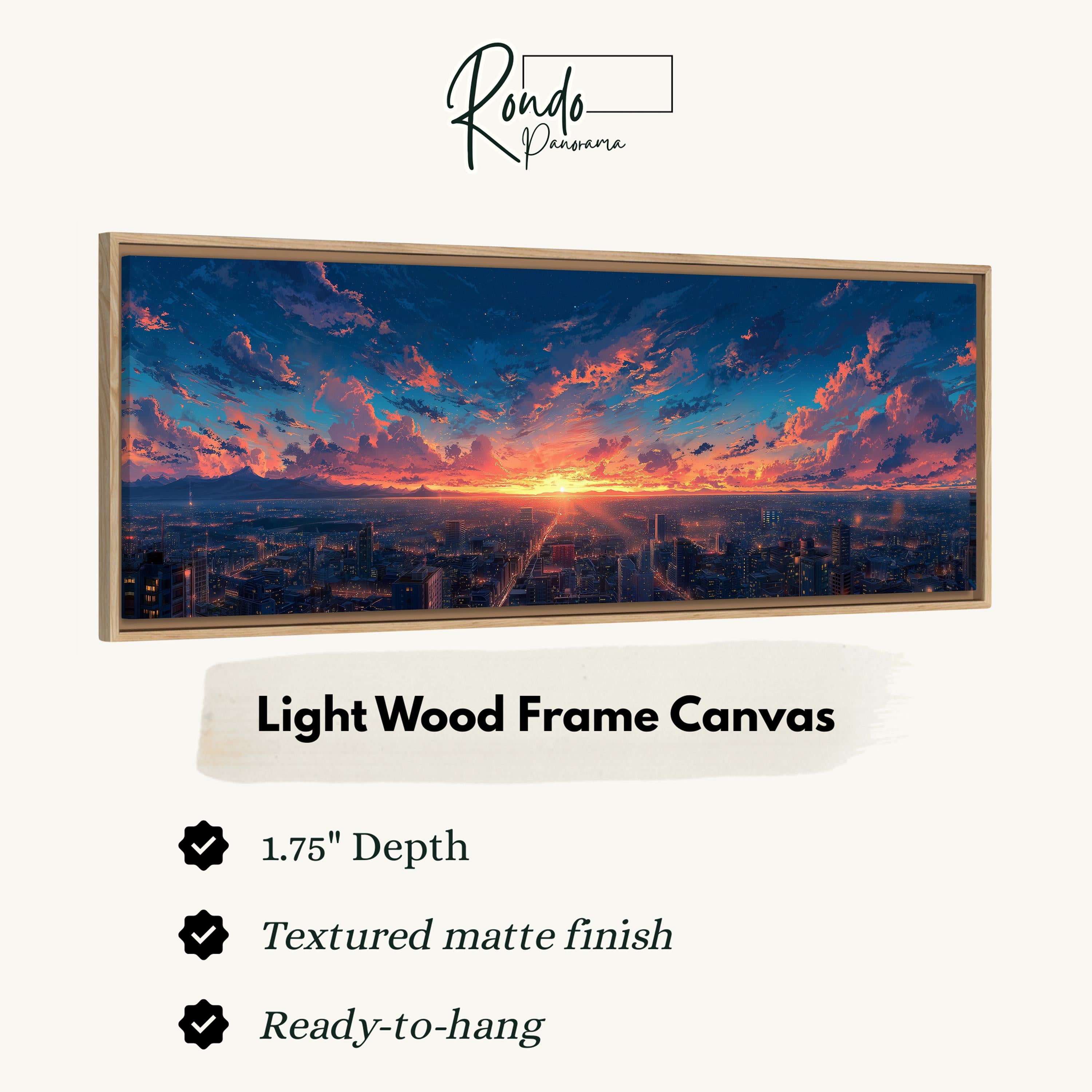 a large, light wood frame canvas depicting a cityscape at sunset.