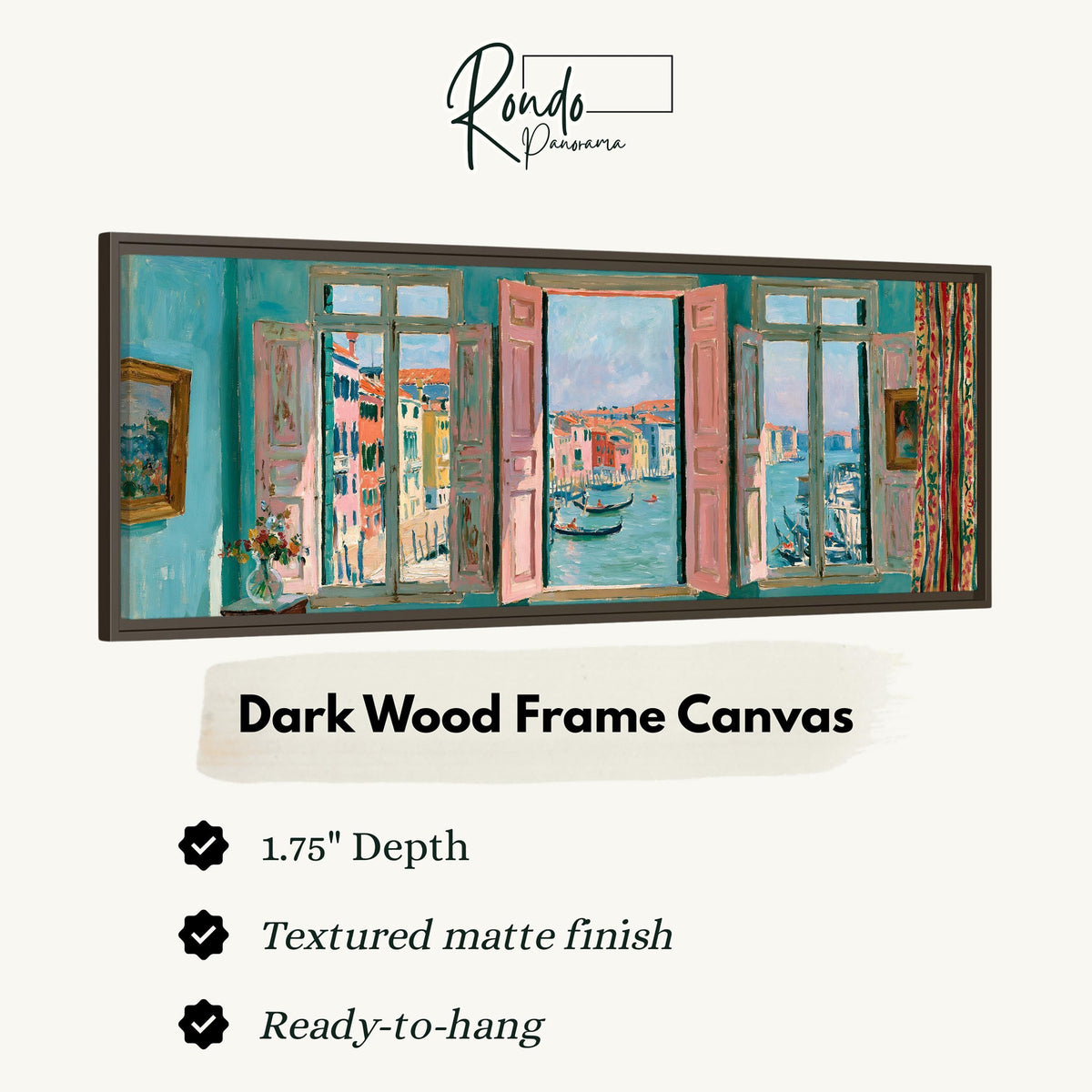 Venice canal and gondolas through a window canvas print in a dark wood floating frame