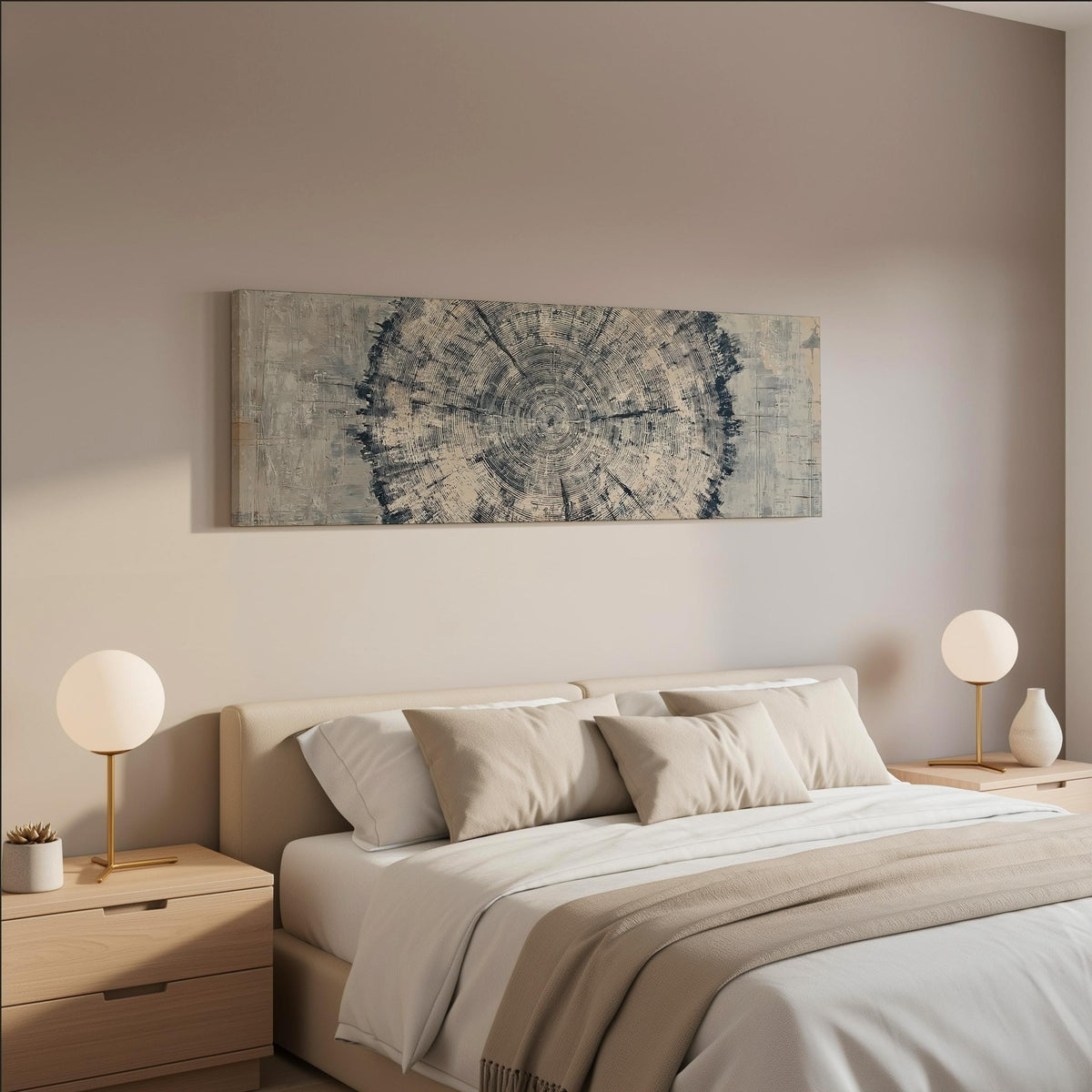 Navy ink tree ring wide panoramic canvas print above a bed in a neutral bedroom