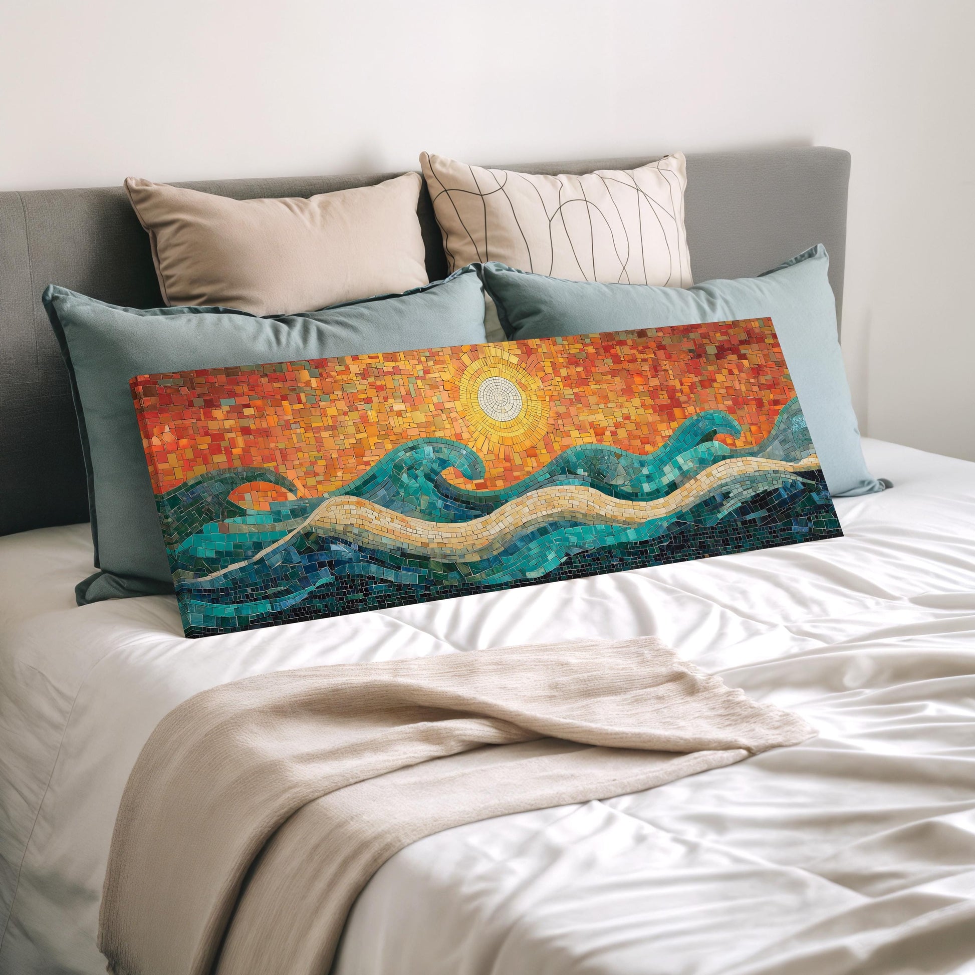 a large, colorful mosaic artwork depicting a seascape with waves and a sun in the background, displayed on a bed with a white comforter and pillows.