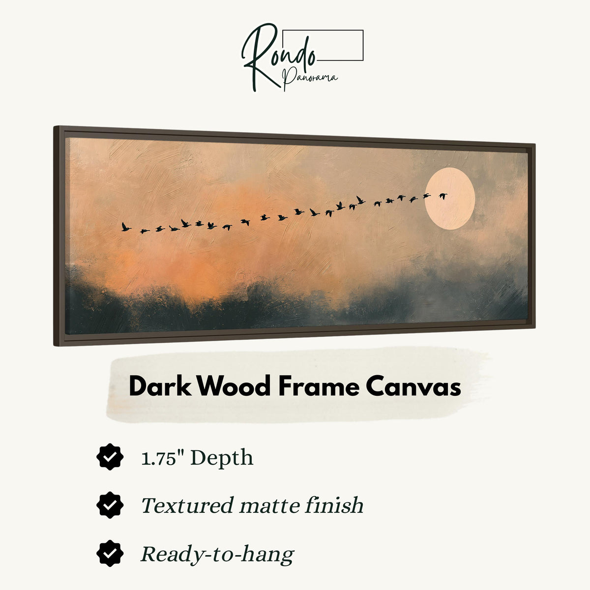 Migrating birds passing a moon at peach dusk canvas print in a dark wood floating frame
