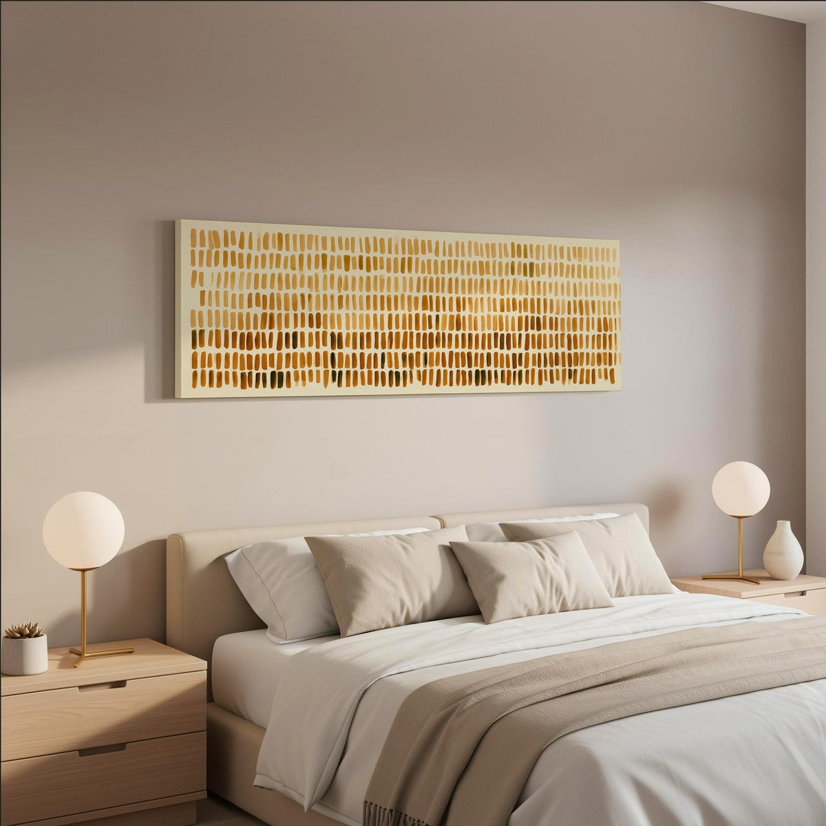 Brushmarks fading from cream to amber wide panoramic canvas print above a bed in a neutral bedroom