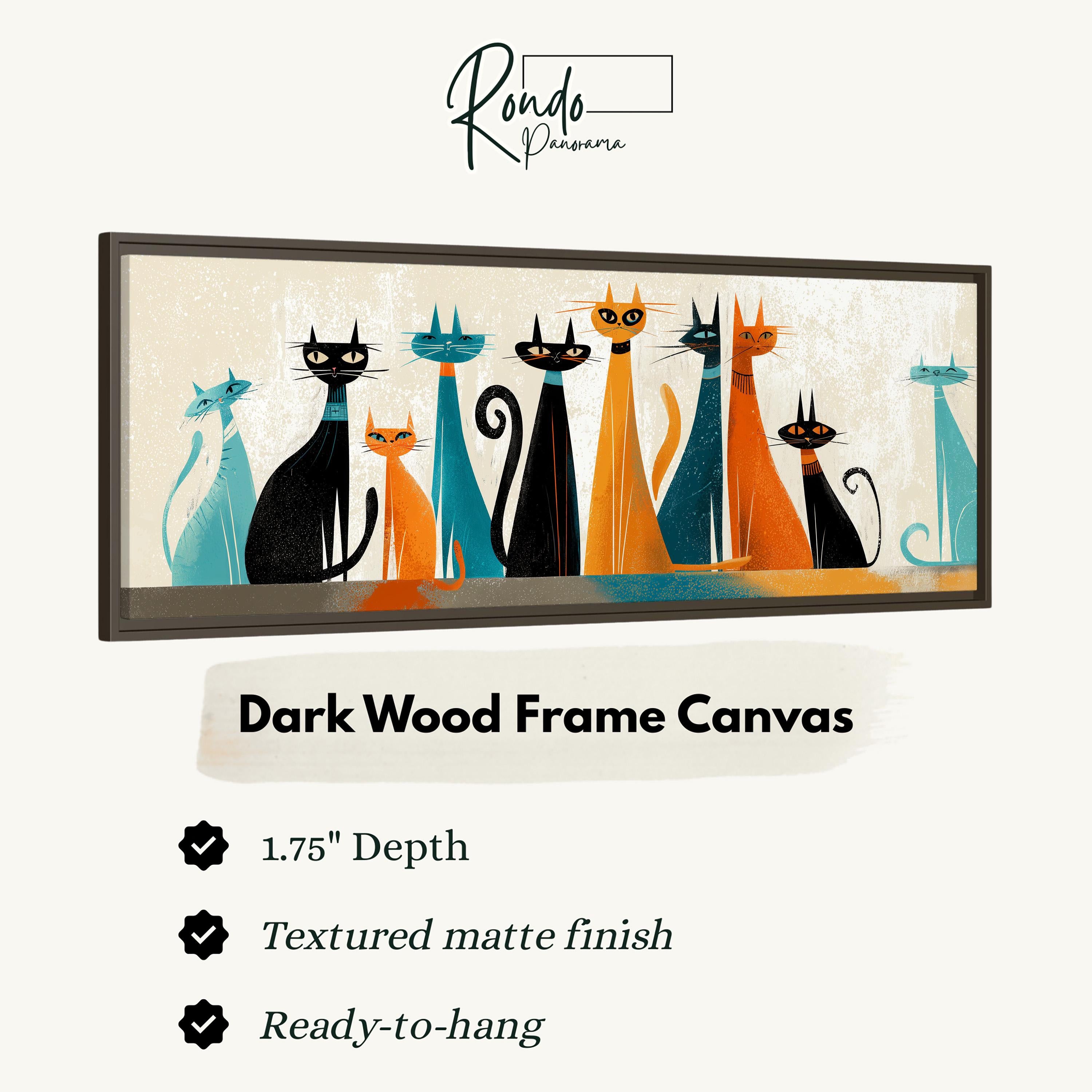 The image is a framed artwork depicting a group of stylized cats in various colors and poses.