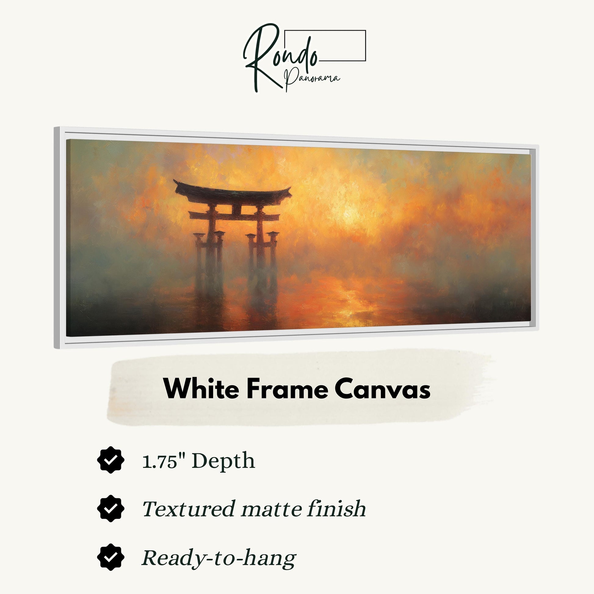 The image is a white frame canvas depicting a torii gate in a misty, golden sunset.