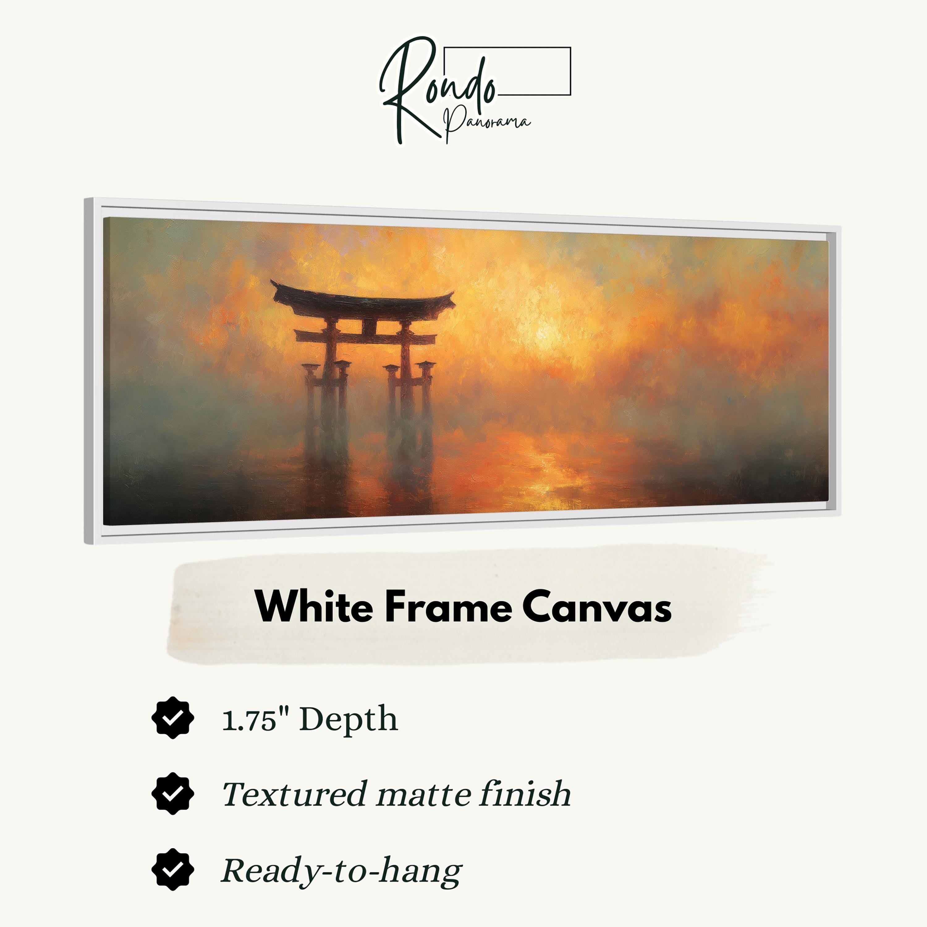 The image is a white frame canvas depicting a torii gate in a misty, golden sunset.