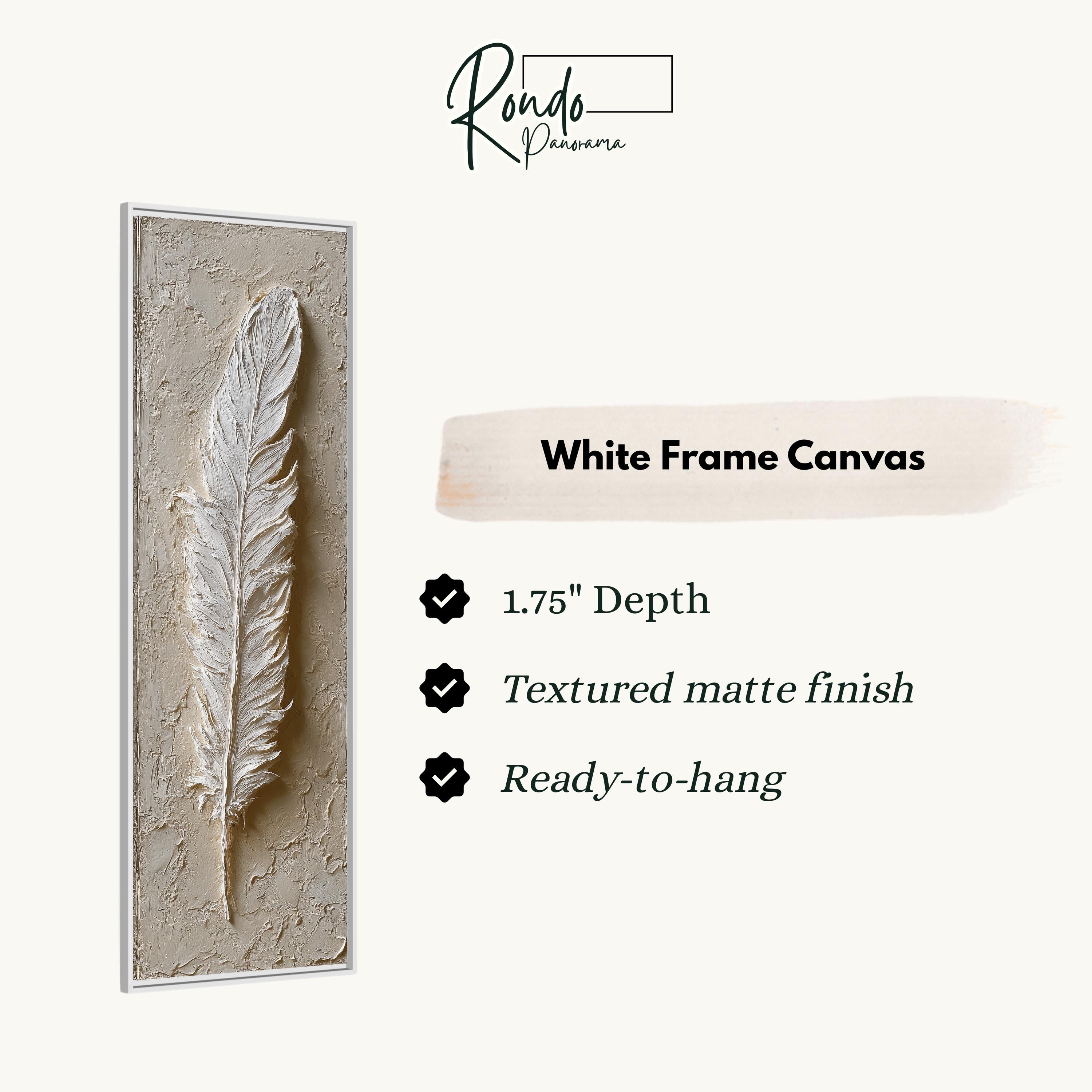 a white frame canvas with a feather on it, accompanied by text describing the product.