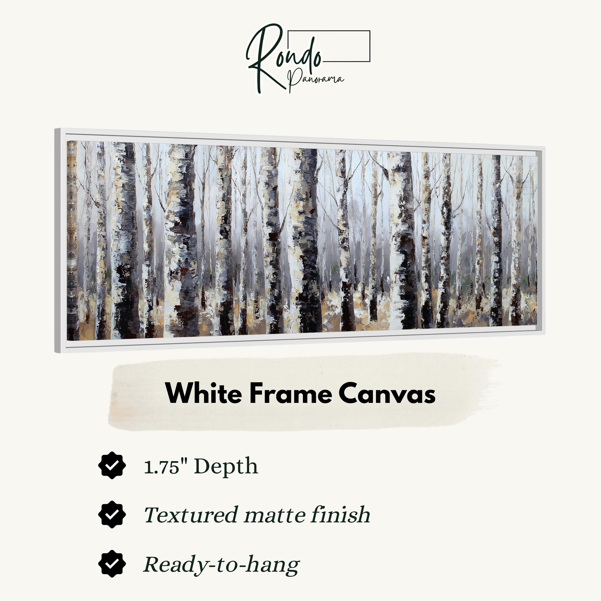 The image is a white frame canvas depicting a forest of birch trees with a textured matte finish.