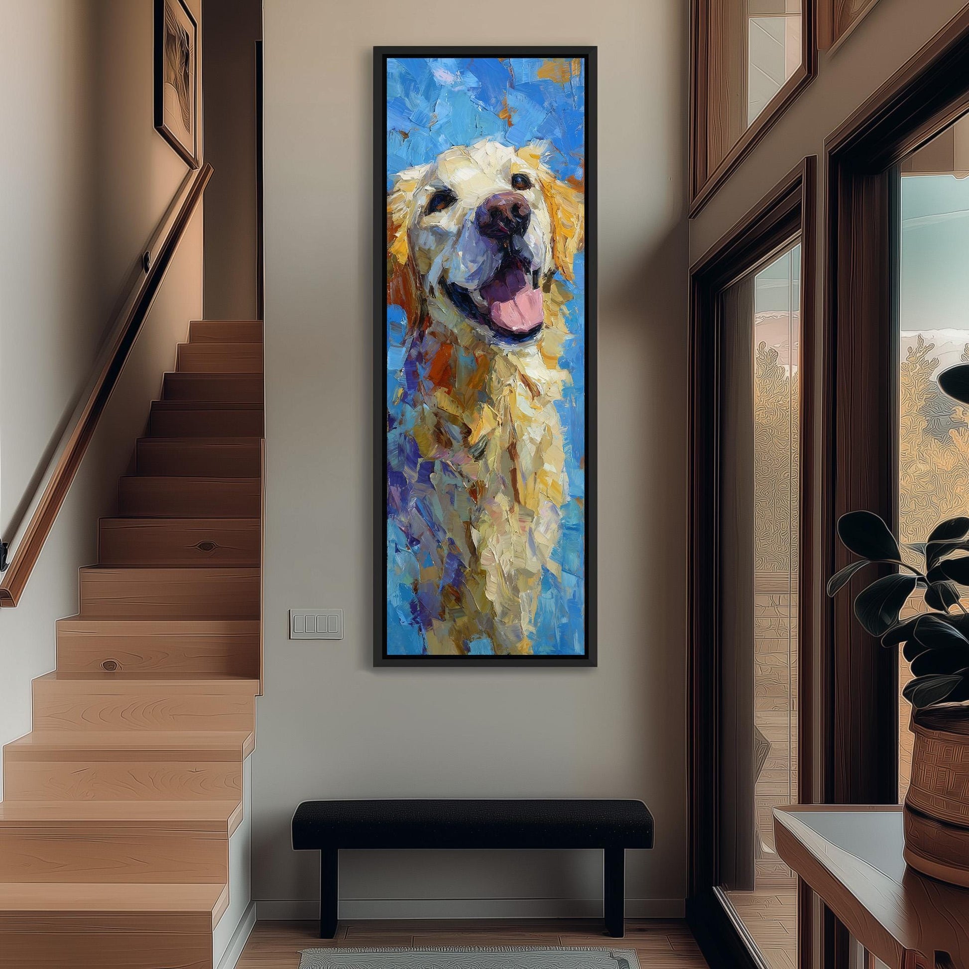 a large, colorful painting of a dog hanging on the wall in a hallway.