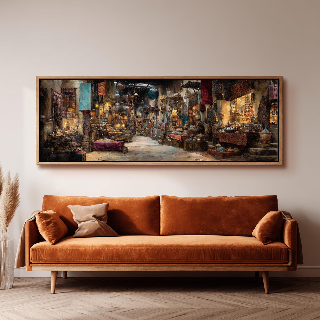 a large, colorful painting of a bustling market scene hanging on a wall above a black and white checkered sofa.