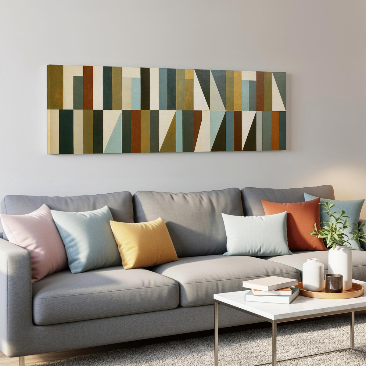 Earth tone geometric triangles panoramic canvas print above a grey sofa in a living room