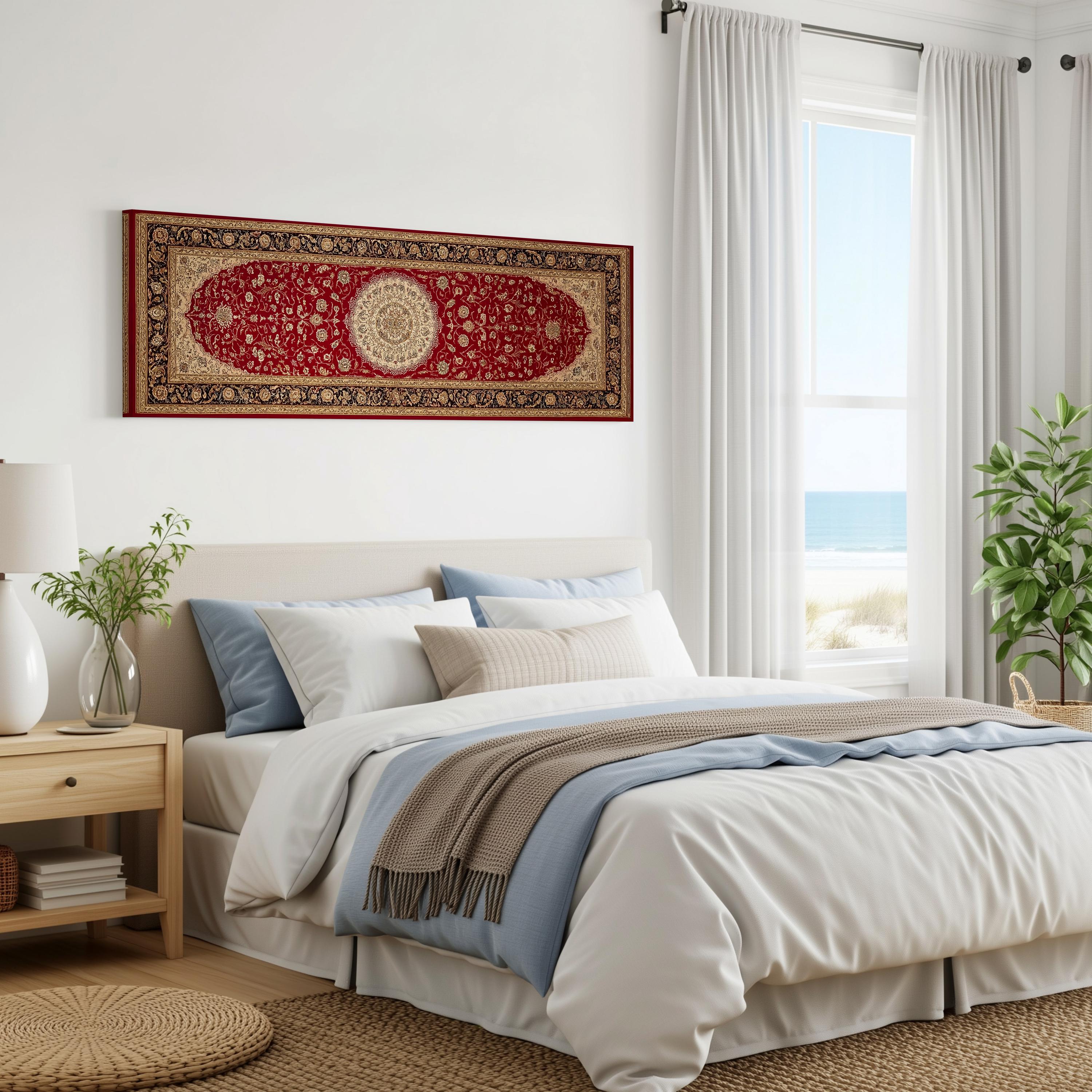 a serene and well-decorated bedroom with a large bed, a nightstand, and a window overlooking the ocean.