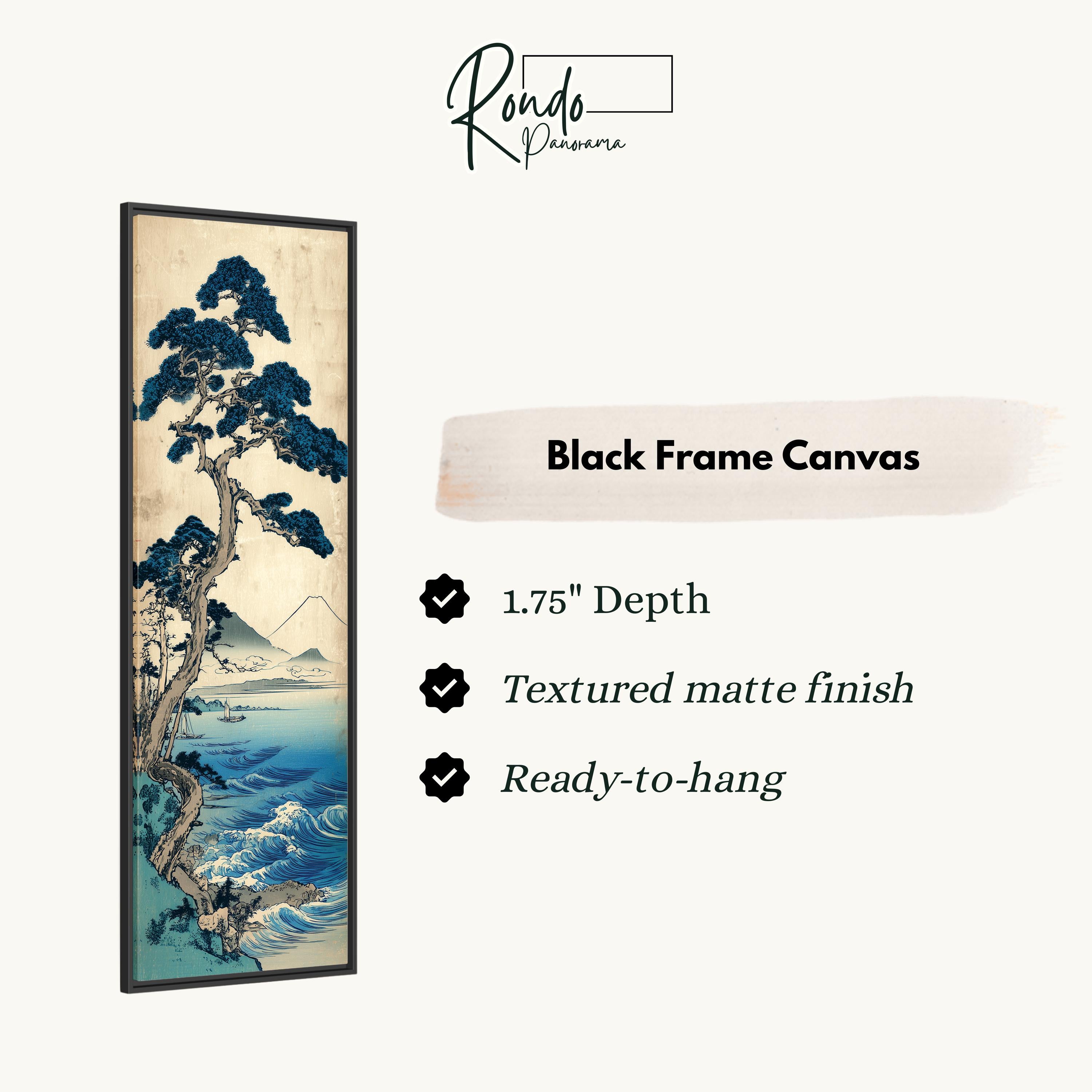 The image is a black frame canvas depicting a landscape with a tree and a body of water.
