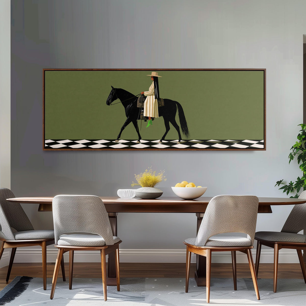 Woman riding a black horse on a checkerboard long horizontal canvas print above a dining table