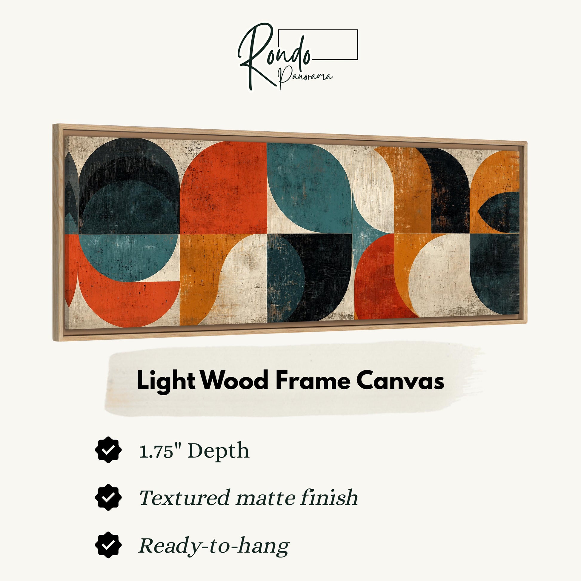 The image is a framed artwork featuring a geometric design with circles and lines in various colors, including shades of orange, blue, and green.