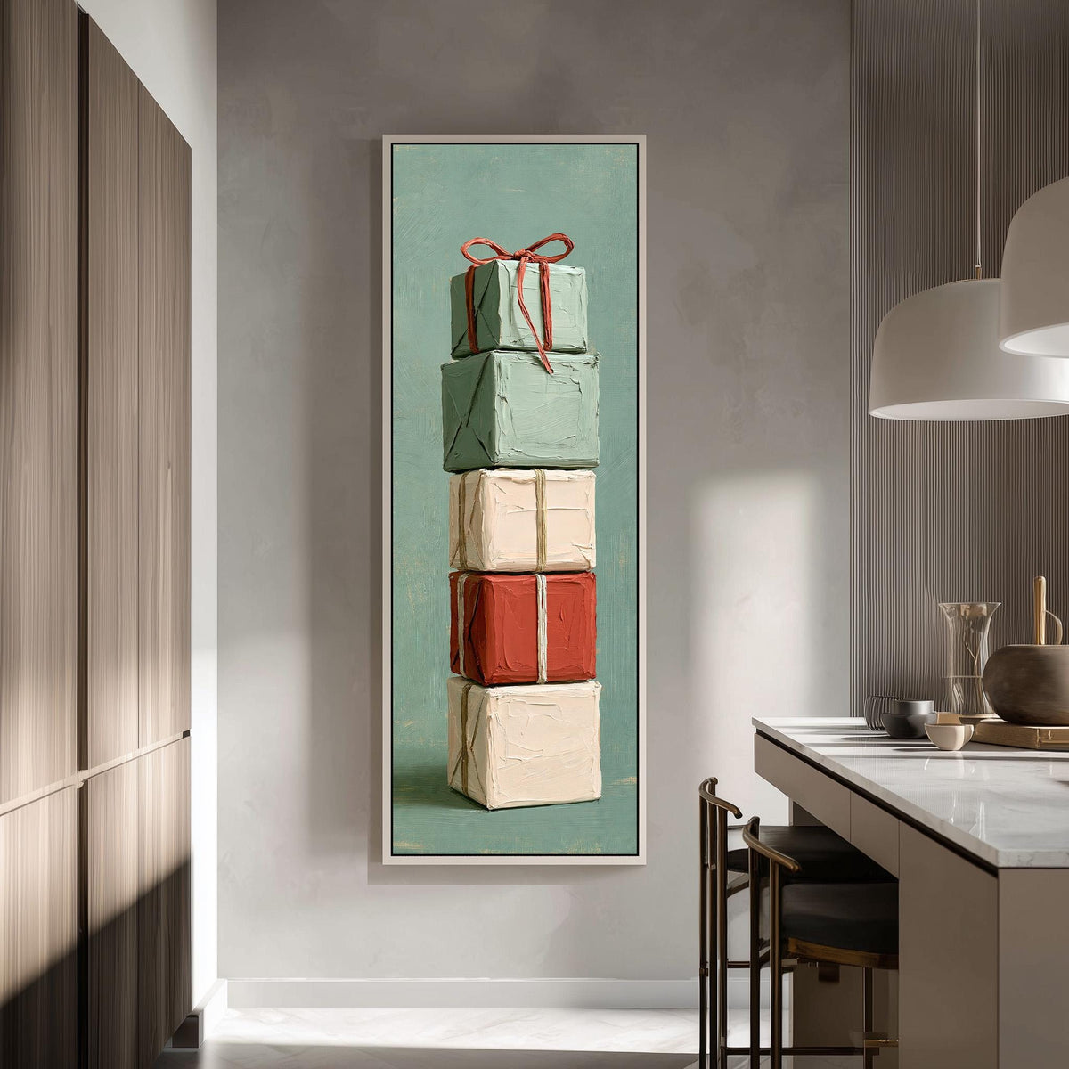 Stack of wrapped gifts with a red bow long vertical canvas print in a sunlit living space