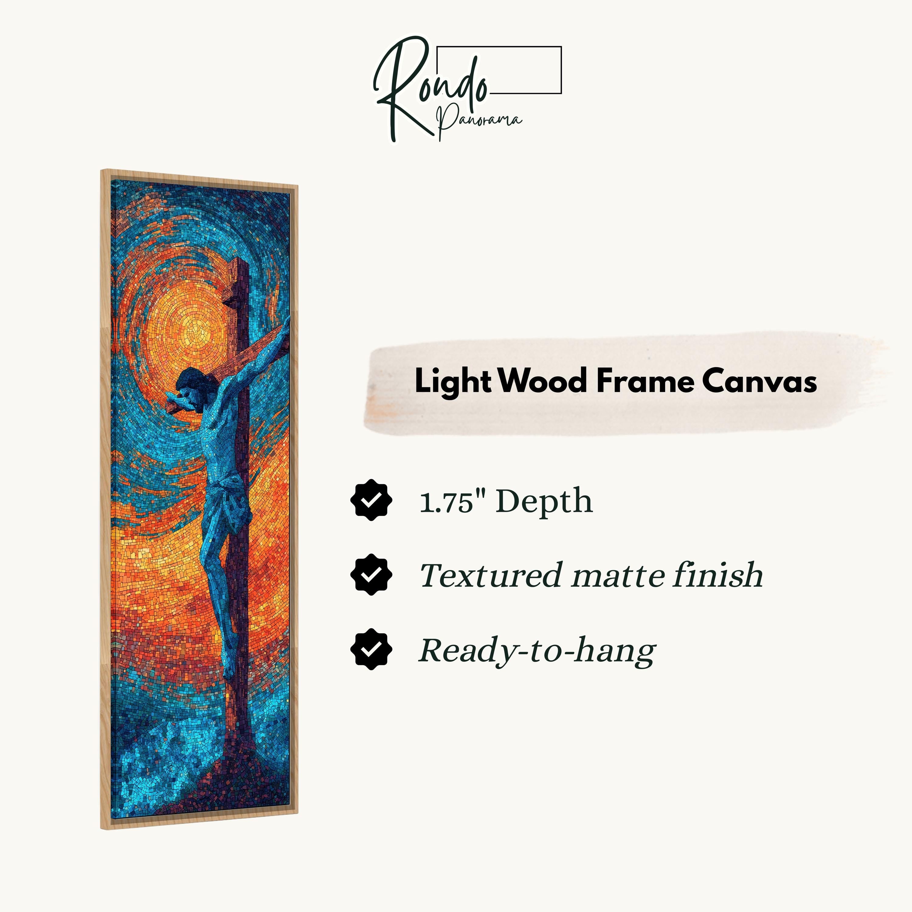 The image is a rectangular frame canvas depicting a man on a cross with a swirling background.
