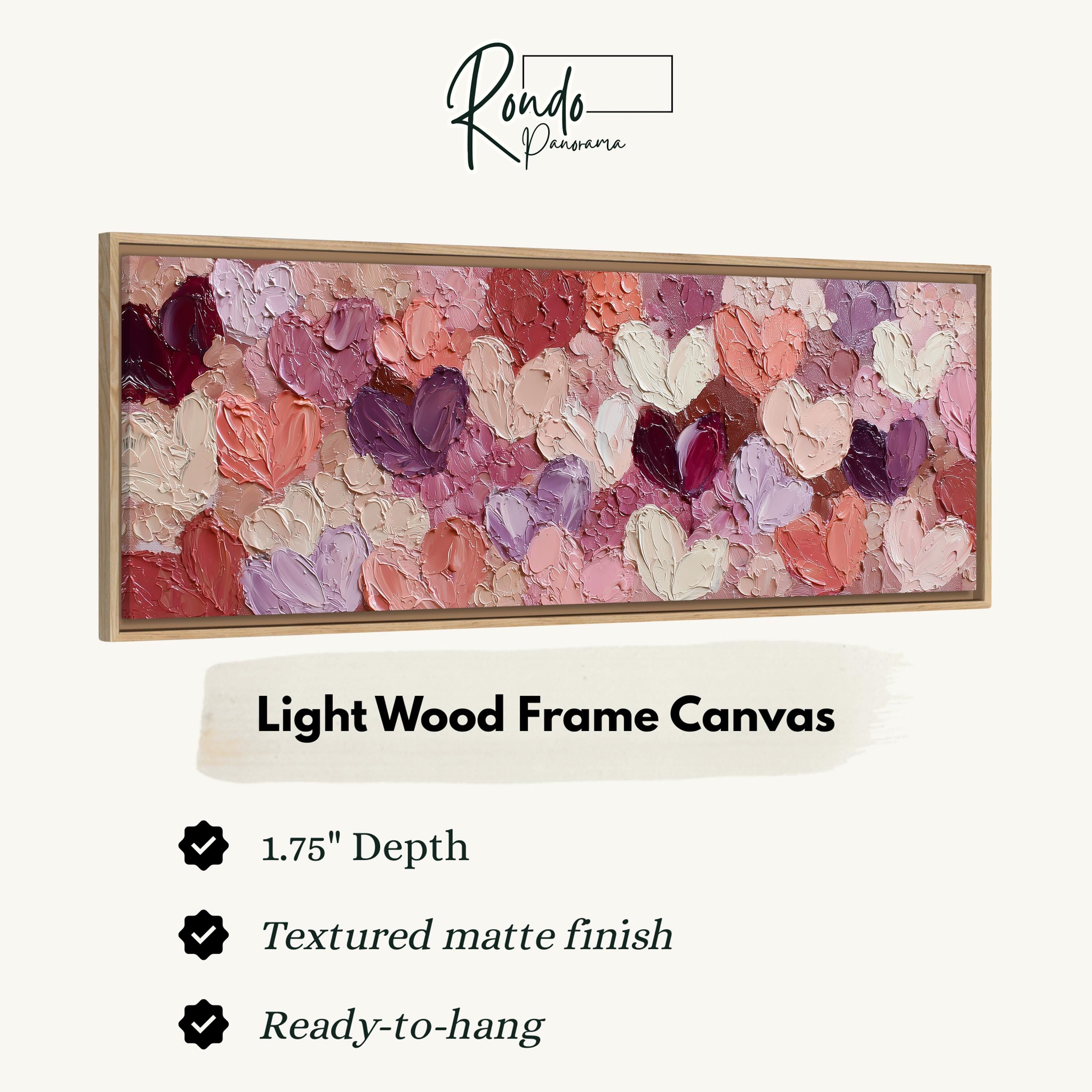 The image is a framed artwork depicting a vibrant and colorful painting of hearts in various shades of pink, red, and purple.